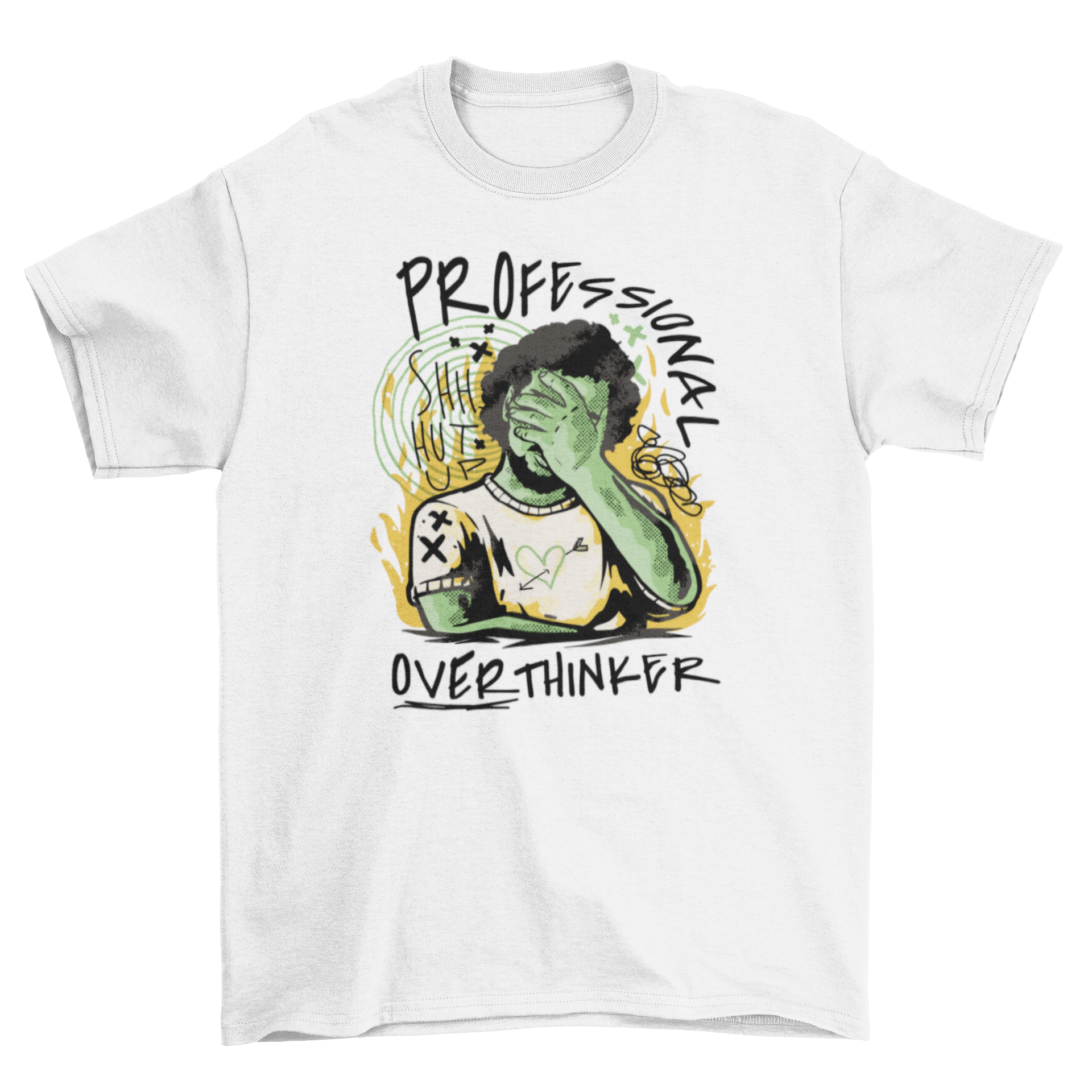 Professional Overthinker T-shirt featuring a man with doodles and the quote 'Professional Overthinker' in a stylish design.