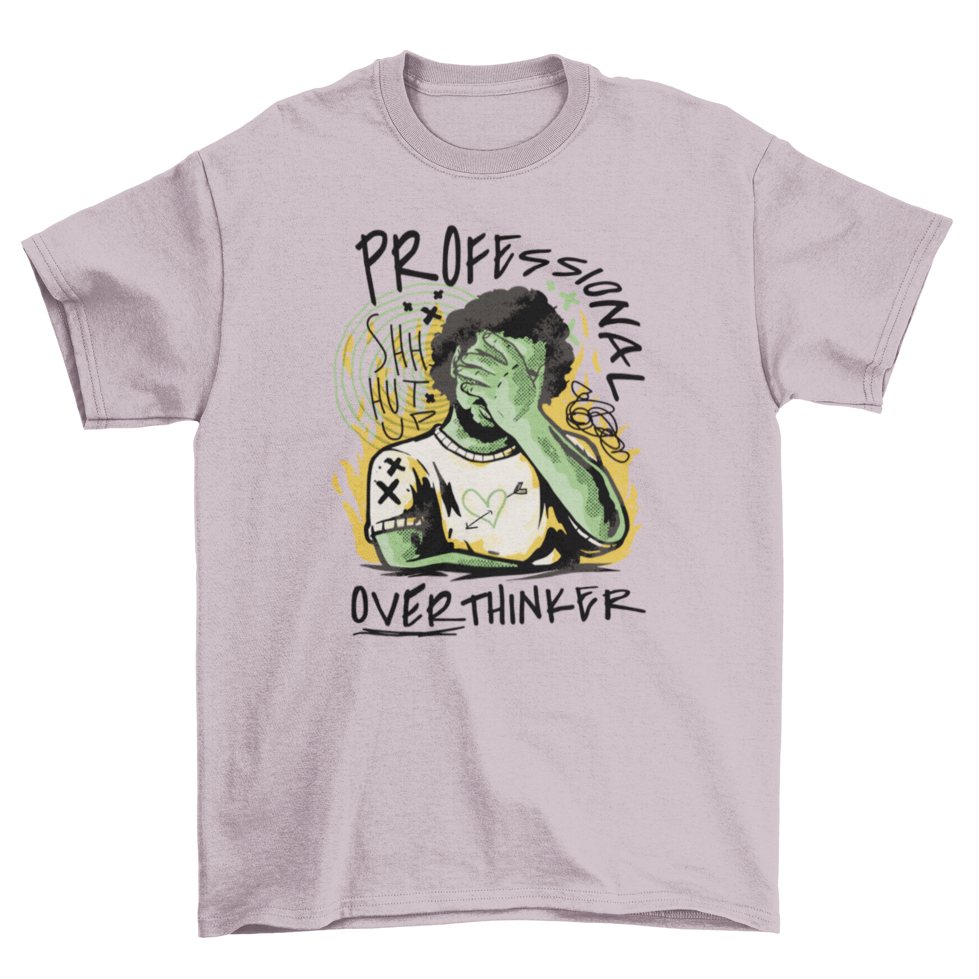 Professional Overthinker T-shirt featuring a man with doodles and the quote 'Professional Overthinker' in a stylish design.