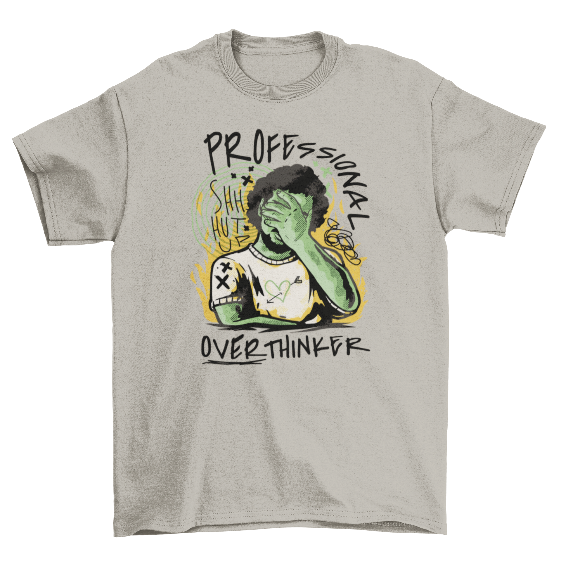 Professional Overthinker T-shirt featuring a man with doodles and the quote 'Professional Overthinker' in a stylish design.