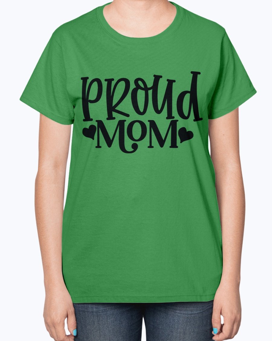 Proud Mom Baseball Ladies T-Shirt featuring a contoured fit and feminine design, perfect for baseball-loving moms.