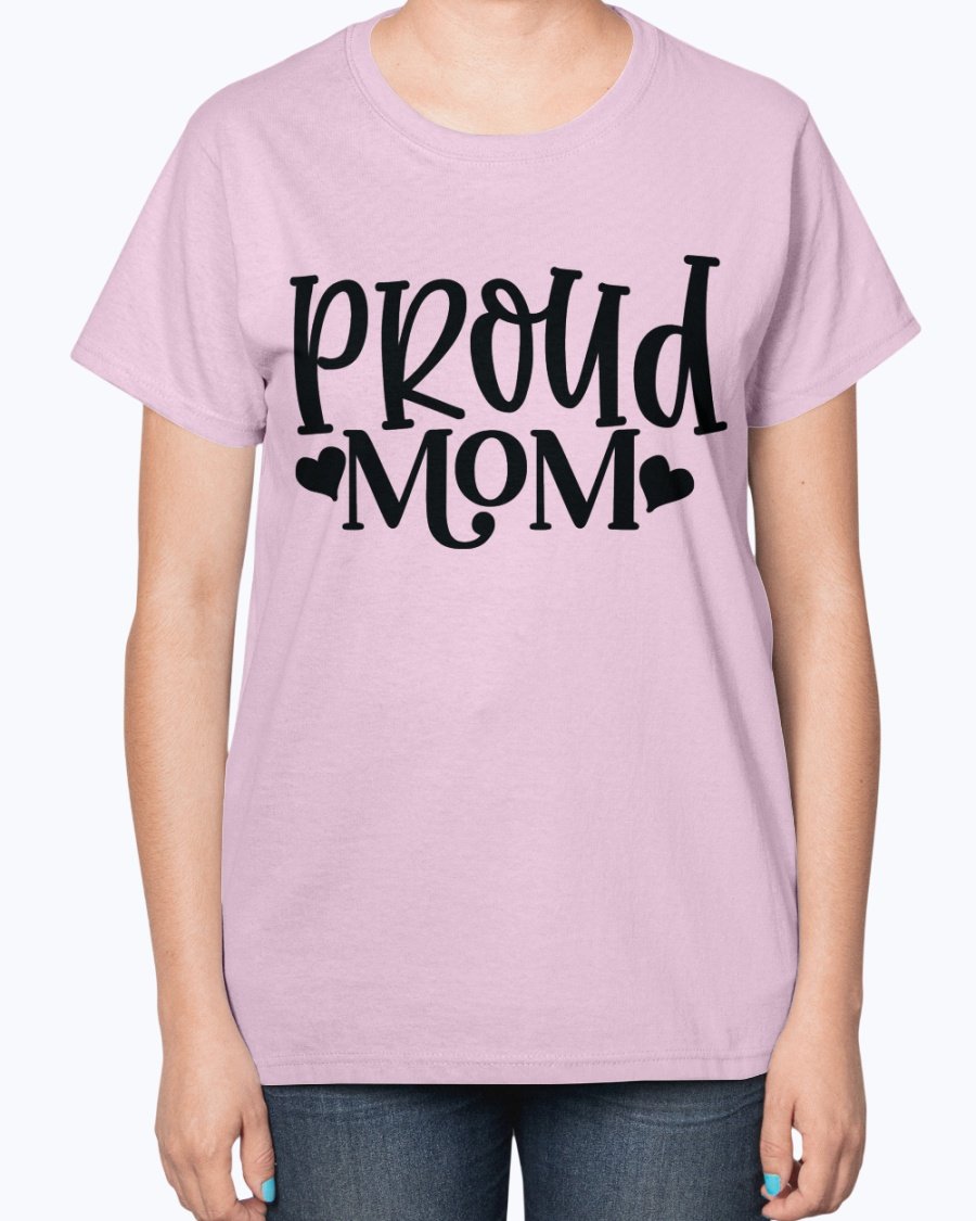 Proud Mom Baseball Ladies T-Shirt featuring a contoured fit and feminine design, perfect for baseball-loving moms.