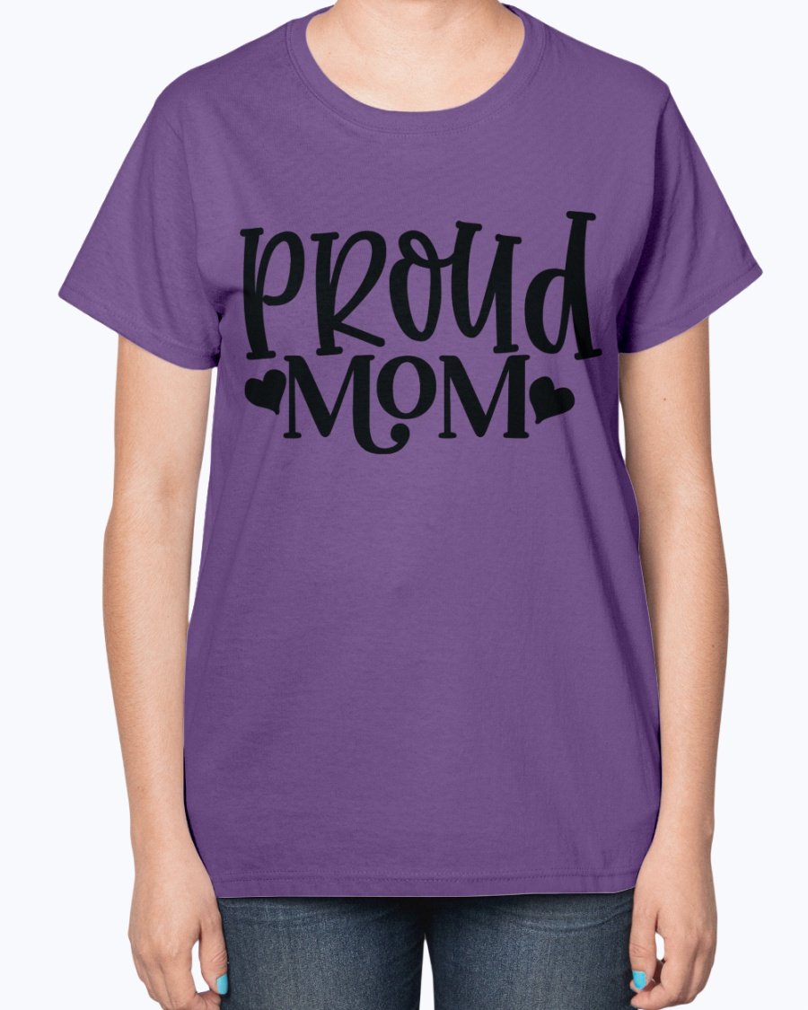 Proud Mom Baseball Ladies T-Shirt featuring a contoured fit and feminine design, perfect for baseball-loving moms.
