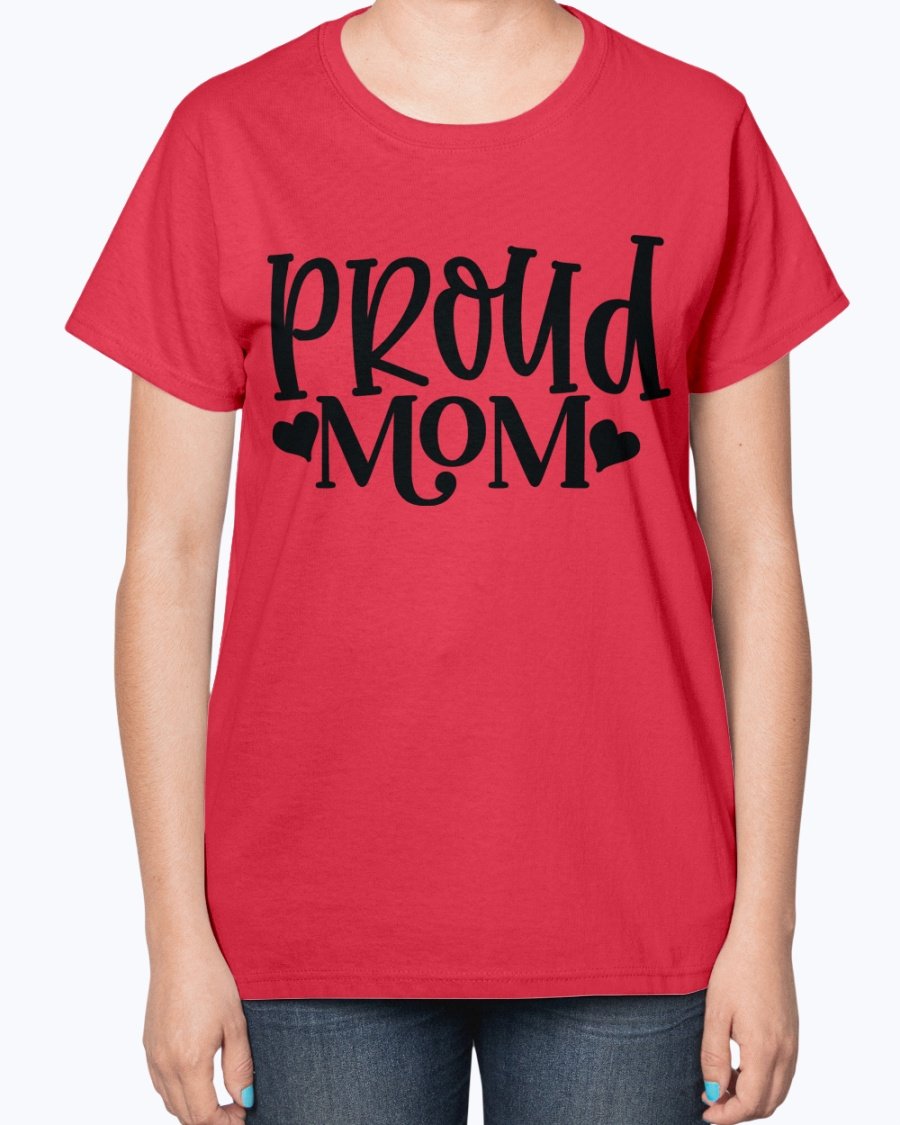 Proud Mom Baseball Ladies T-Shirt featuring a contoured fit and feminine design, perfect for baseball-loving moms.