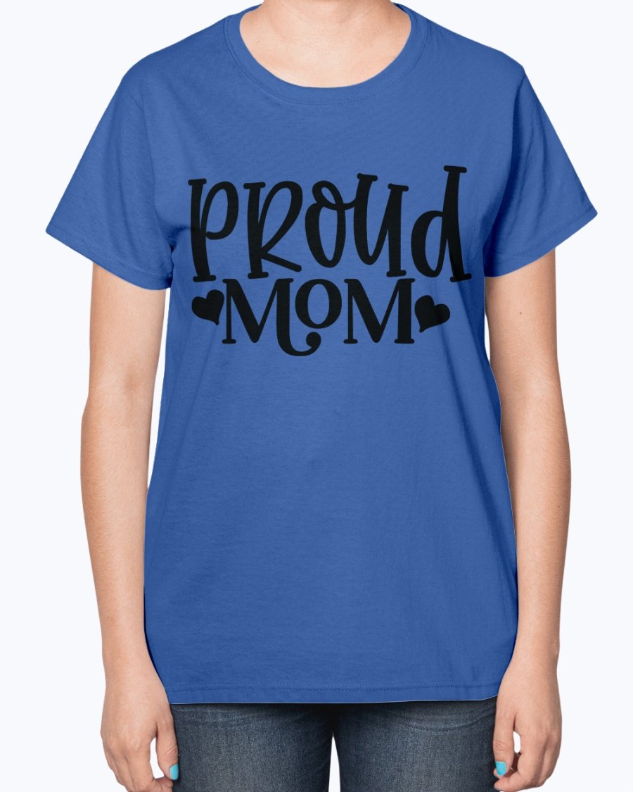 Proud Mom Baseball Ladies T-Shirt featuring a contoured fit and feminine design, perfect for baseball-loving moms.