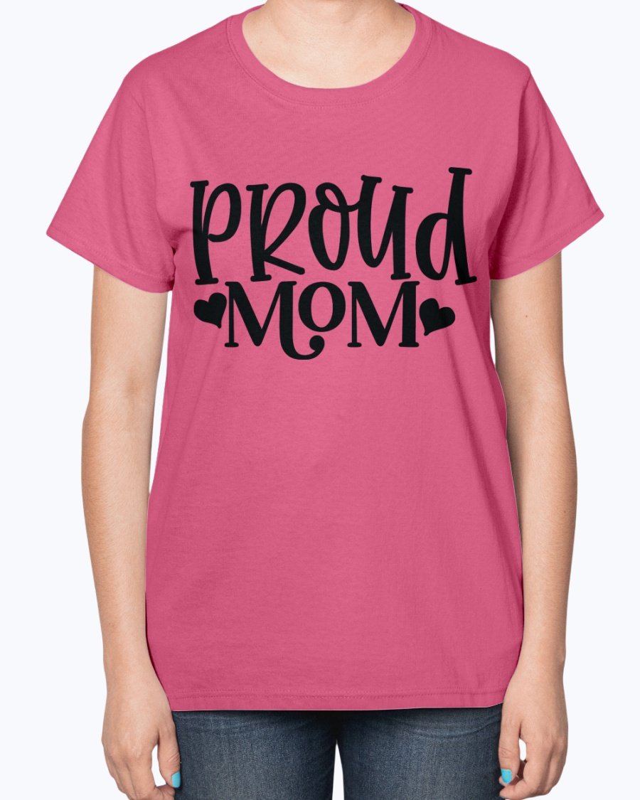 Proud Mom Baseball Ladies T-Shirt featuring a contoured fit and feminine design, perfect for baseball-loving moms.
