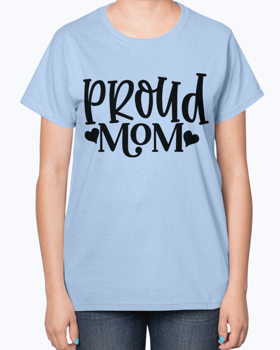 Proud Mom Baseball Ladies T-Shirt featuring a contoured fit and feminine design, perfect for baseball-loving moms.