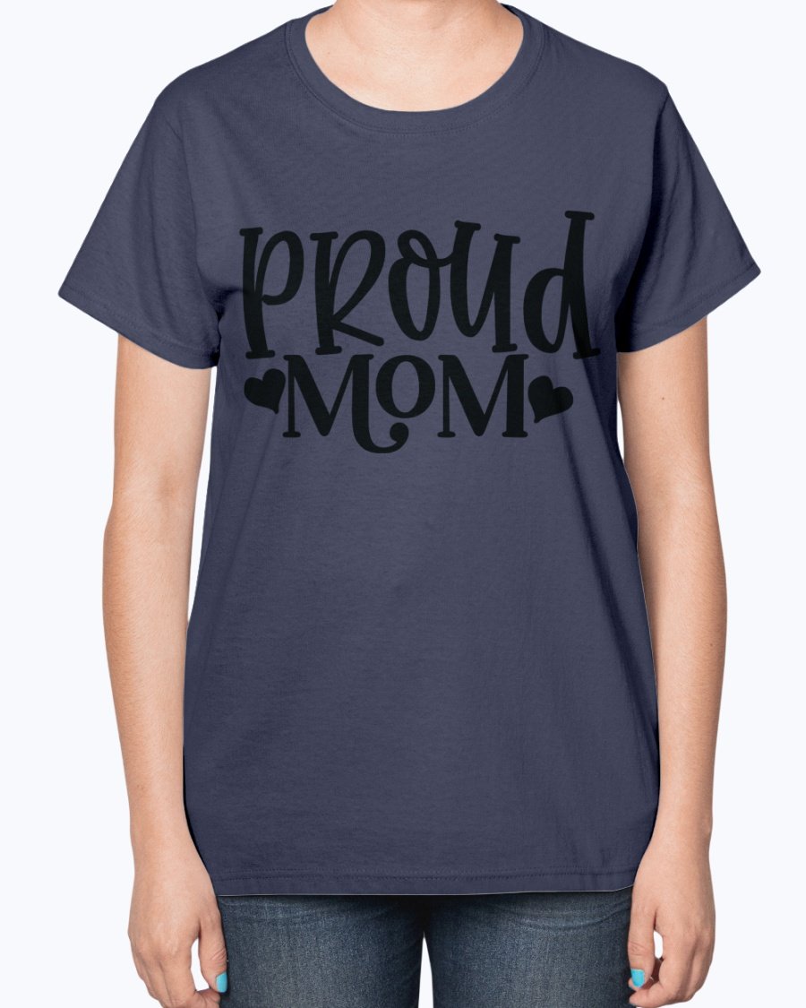 Proud Mom Baseball Ladies T-Shirt featuring a contoured fit and feminine design, perfect for baseball-loving moms.