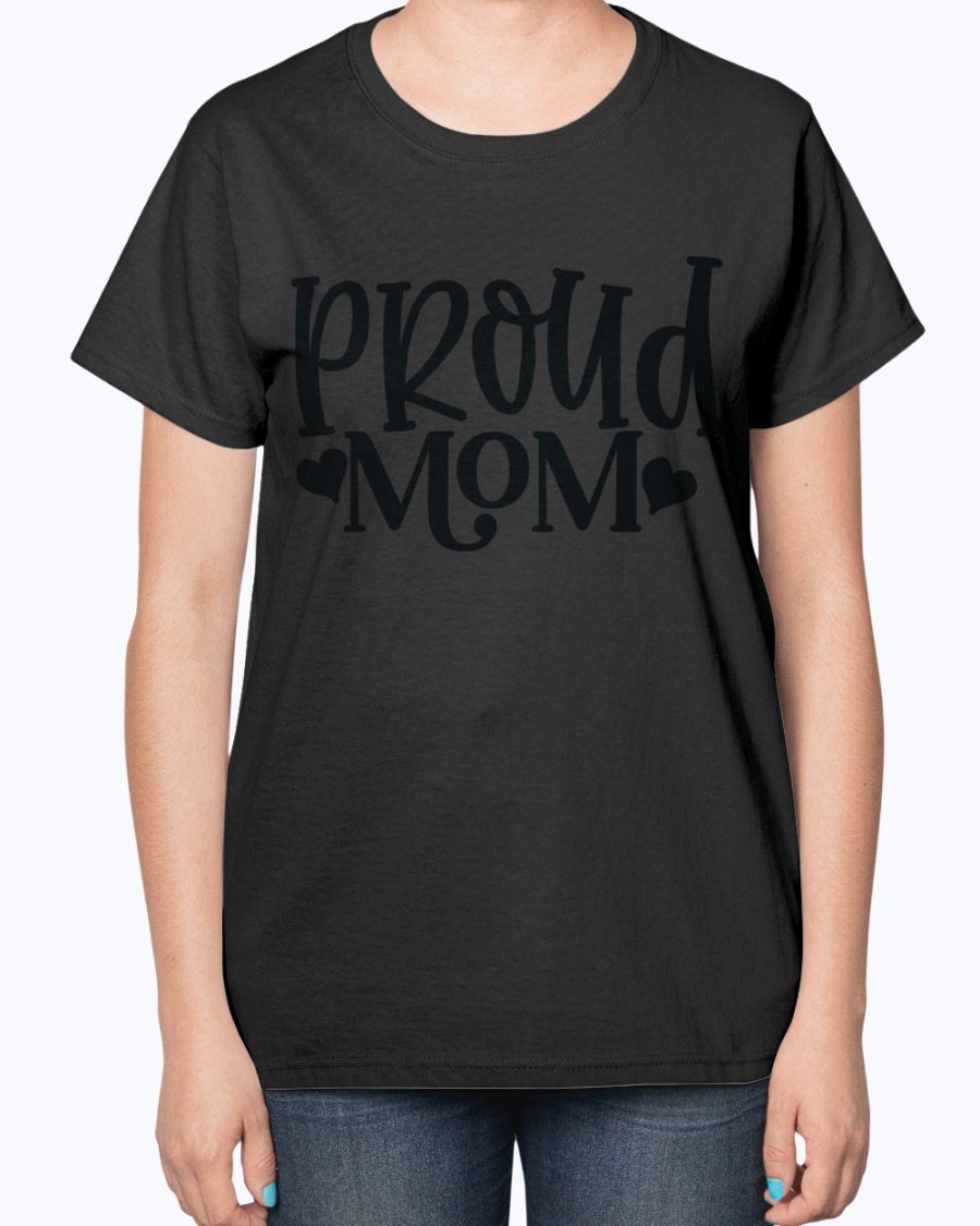 Proud Mom Baseball Ladies T-Shirt featuring a contoured fit and feminine design, perfect for baseball-loving moms.