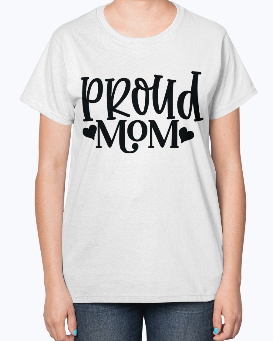Proud Mom Baseball Ladies T-Shirt featuring a contoured fit and feminine design, perfect for baseball-loving moms.