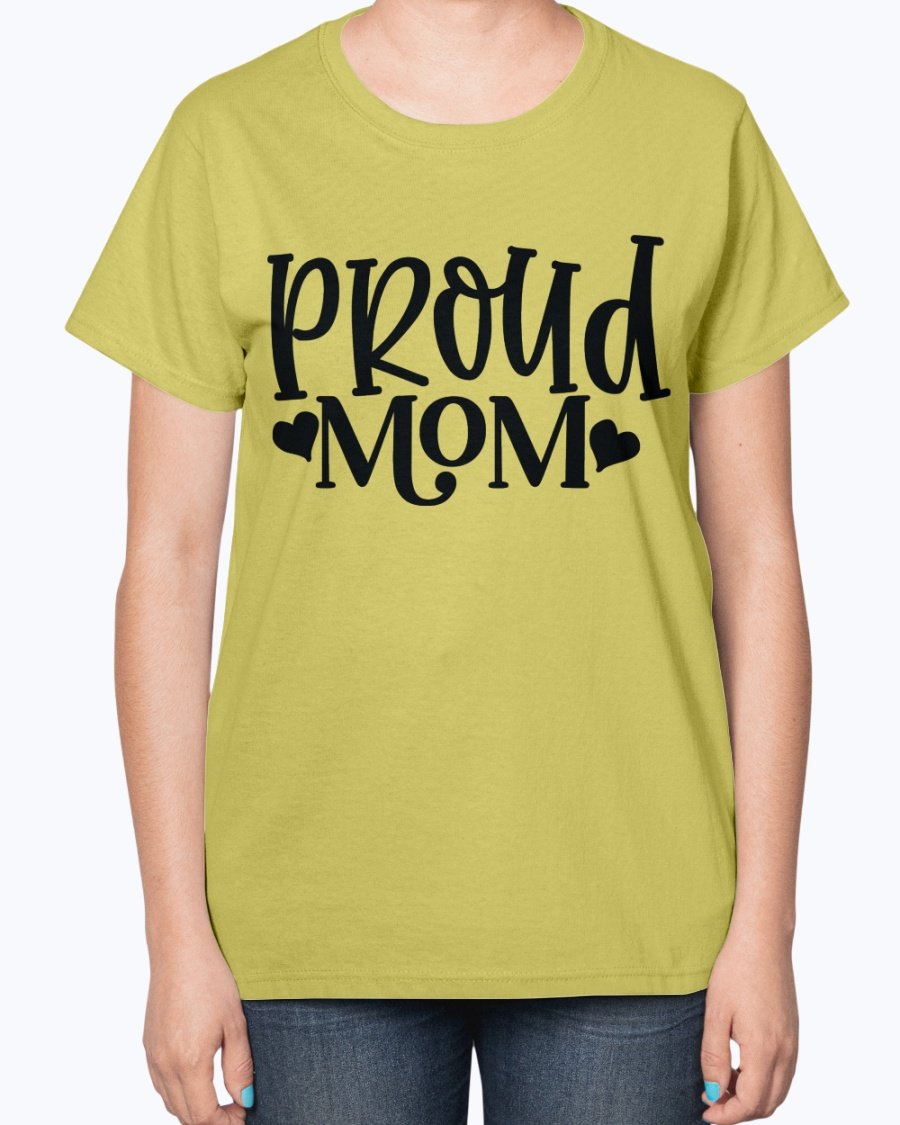 Proud Mom Baseball Ladies T-Shirt featuring a contoured fit and feminine design, perfect for baseball-loving moms.