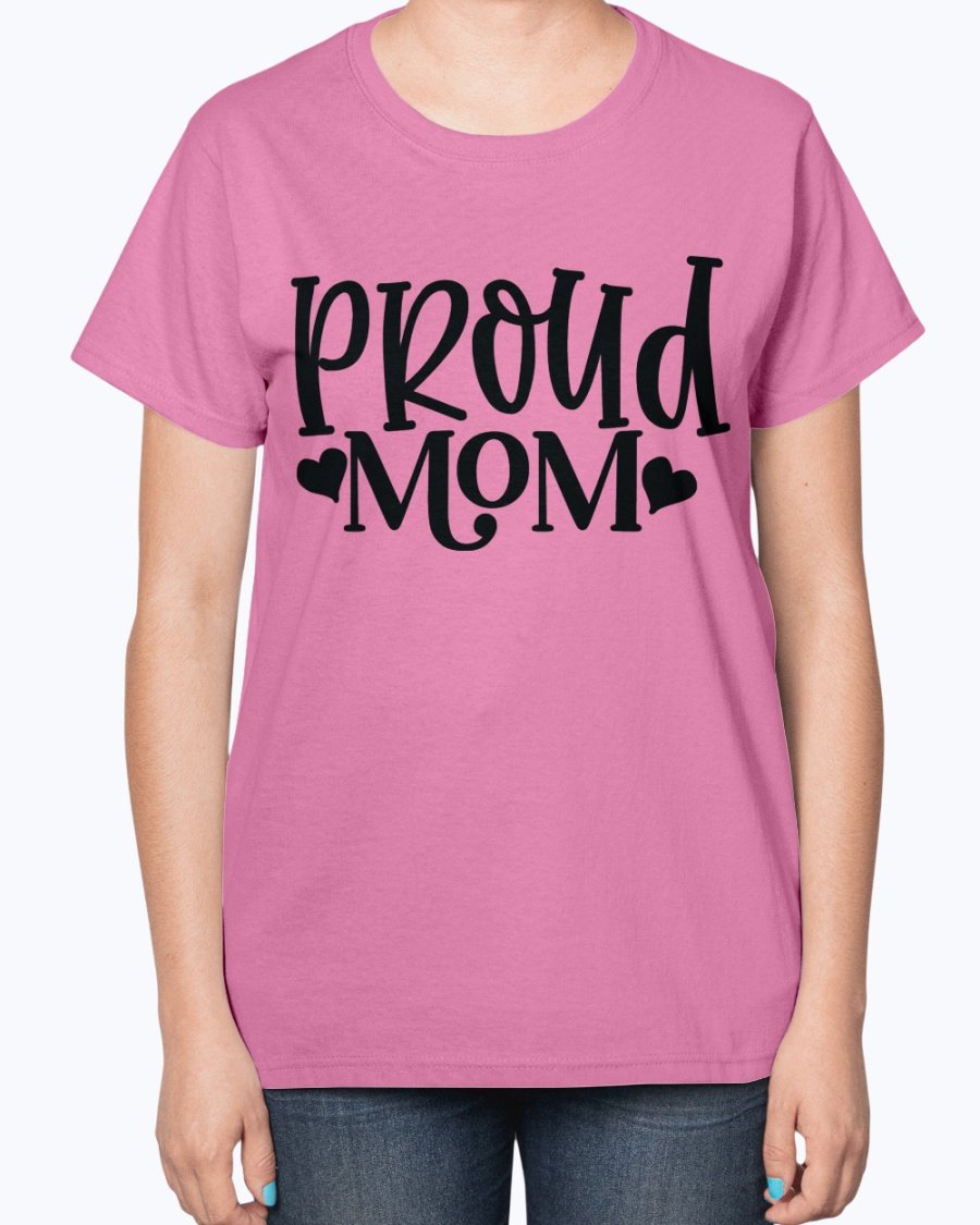 Proud Mom Baseball Ladies T-Shirt featuring a contoured fit and feminine design, perfect for baseball-loving moms.