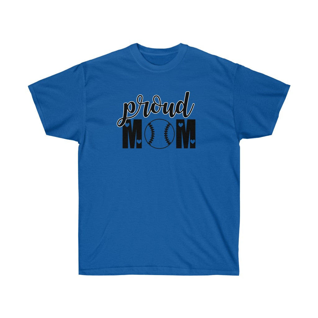 Proud Mom of Baseball T-Shirt in soft cotton with vinyl print, showcasing a stylish design for baseball-loving moms.