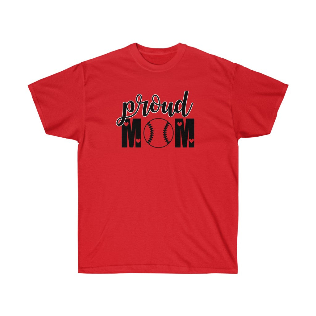 Proud Mom of Baseball T-Shirt in soft cotton with vinyl print, showcasing a stylish design for baseball-loving moms.