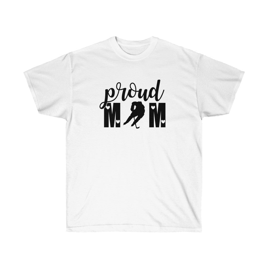 Proud Mom of Hockey T-Shirt in soft cotton, featuring a vinyl print, designed for comfort and style.