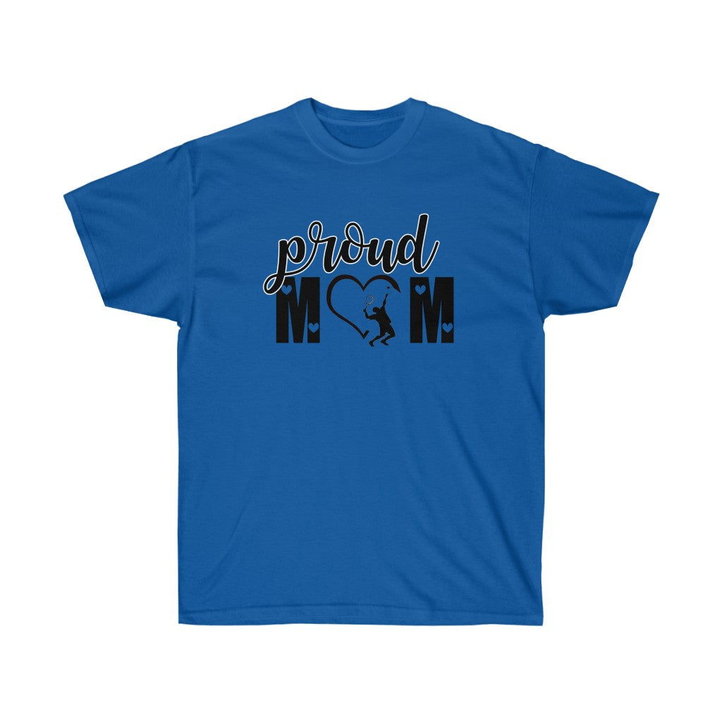 A Proud Tennis Mom T-Shirt featuring a stylish design, perfect for tennis enthusiasts and supportive mothers.