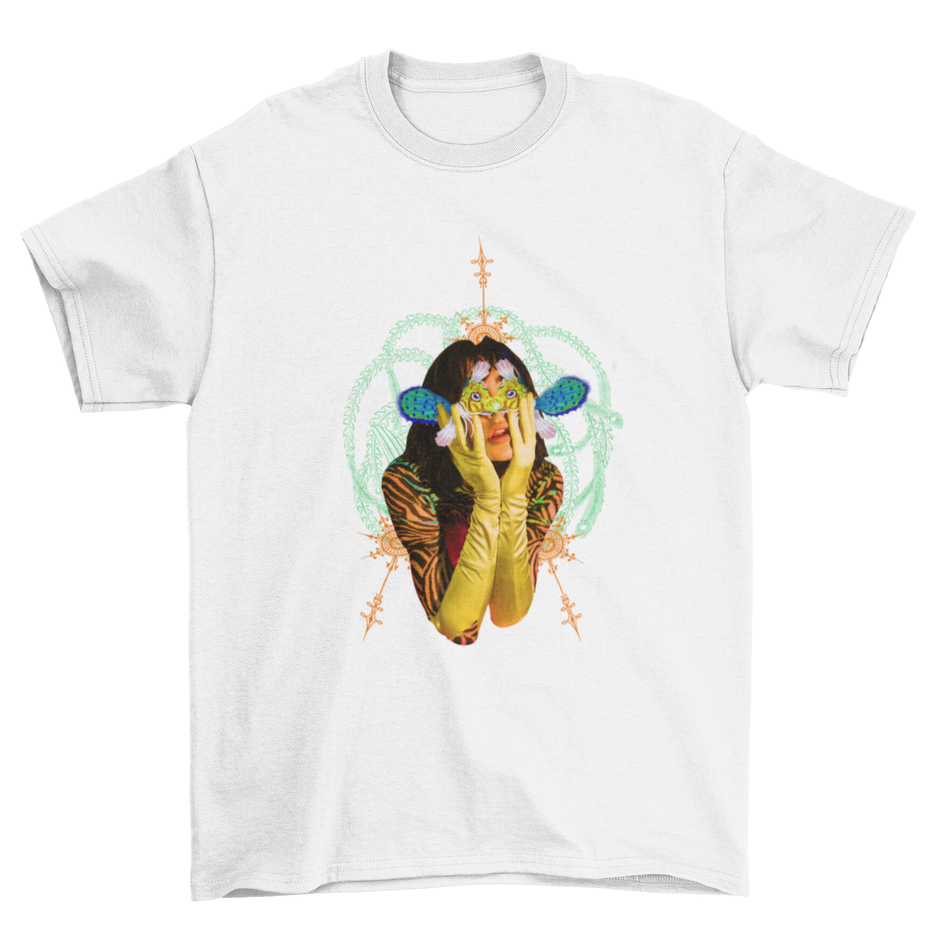 Psychedelic Animal Girl T-Shirt design featuring vibrant colors and a collage of a woman with psychedelic elements.
