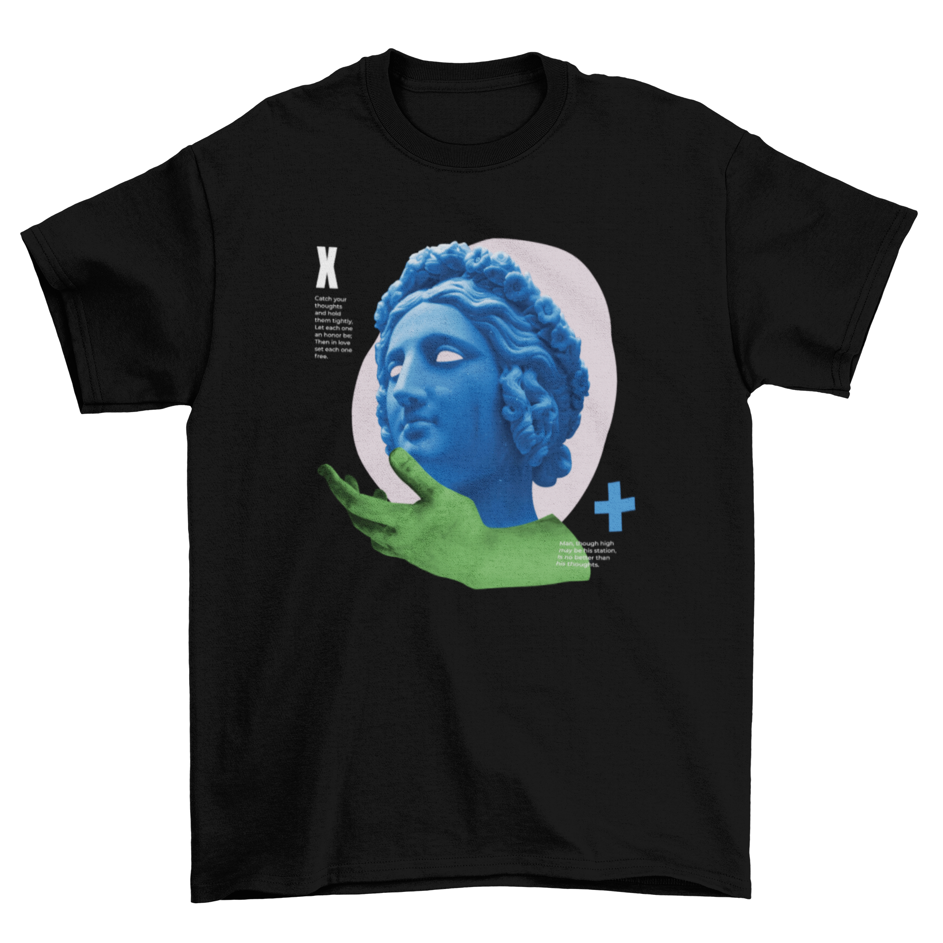 Psychedelic Venus t-shirt design featuring an ancient Greek statue in vibrant colors and intricate collage art.