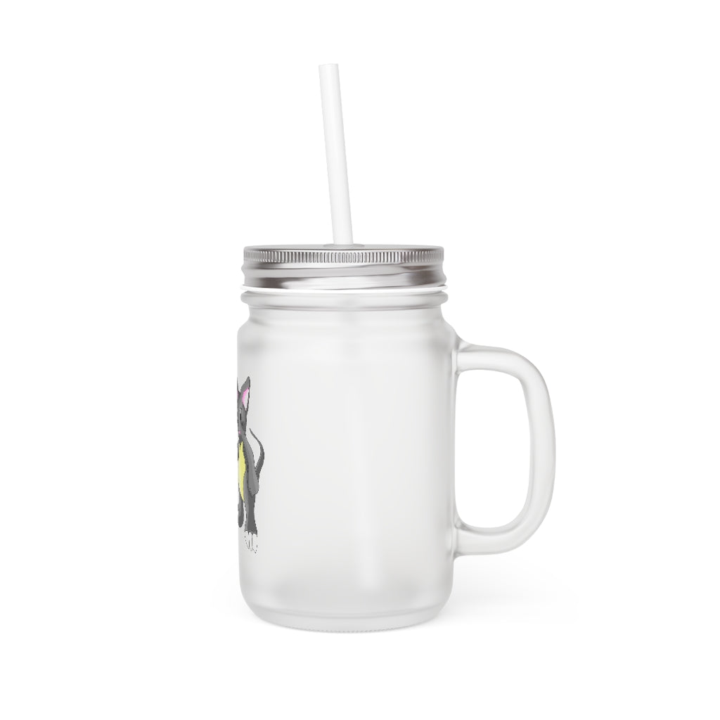 A stylish Psycore Mason Jar made of frosted glass, featuring a straw and lid, perfect for personalized drinks.