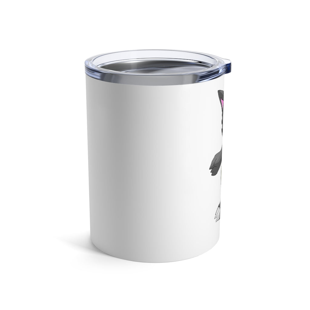 Psycore Tumbler 10oz in stainless steel with a see-thru plastic lid, showcasing its sleek design and compact size.