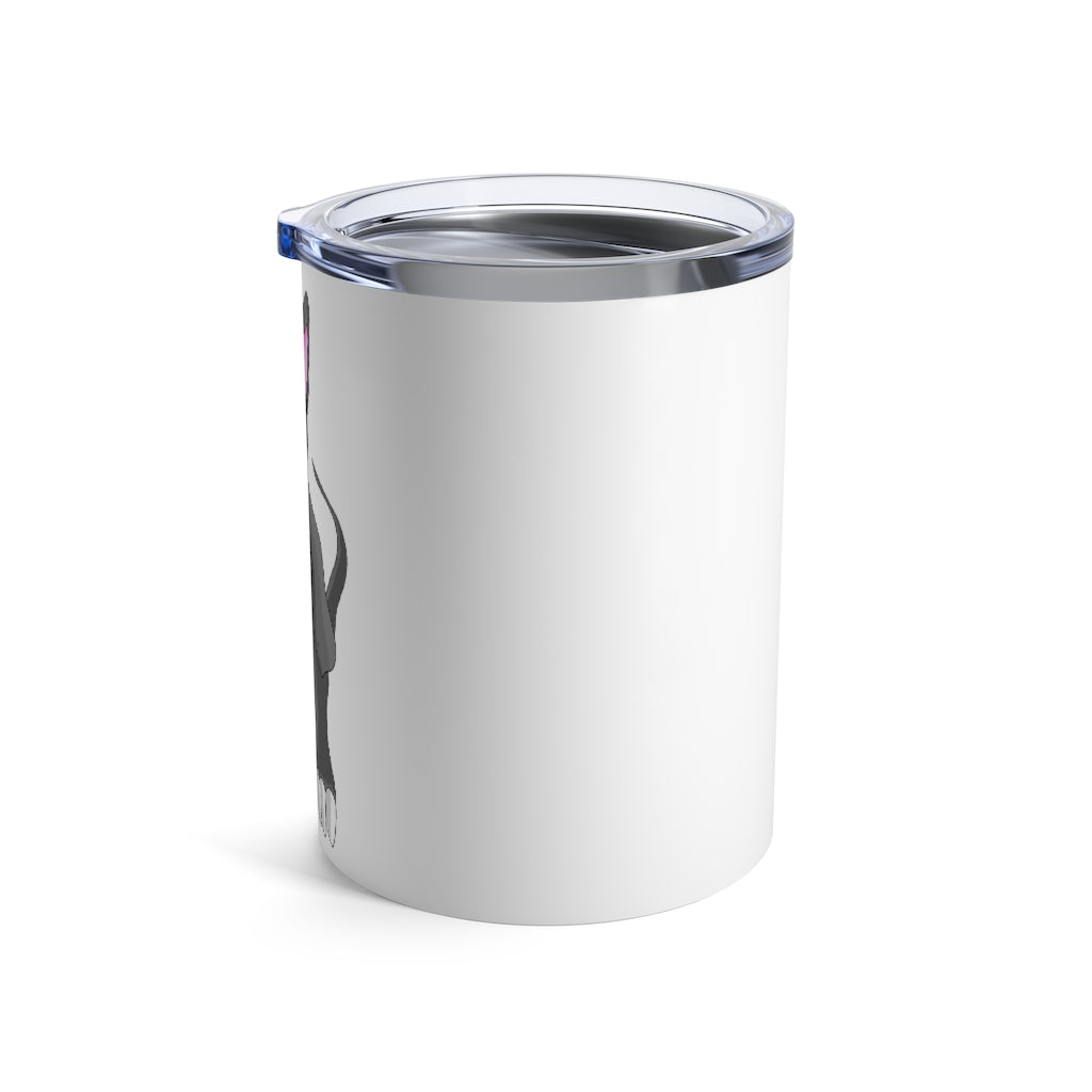 Psycore Tumbler 10oz in stainless steel with a see-thru plastic lid, showcasing its sleek design and compact size.