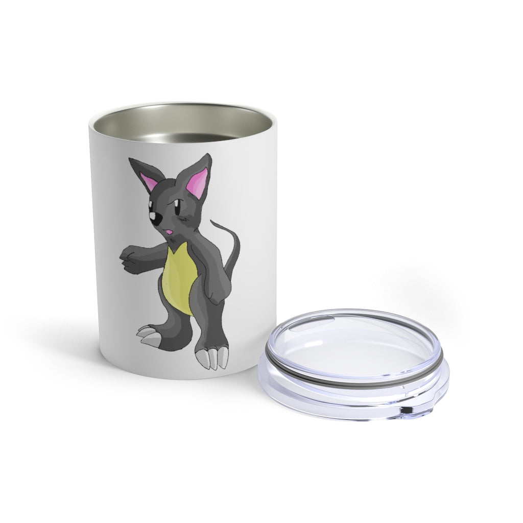 Psycore Tumbler 10oz in stainless steel with a see-thru plastic lid, showcasing its sleek design and compact size.