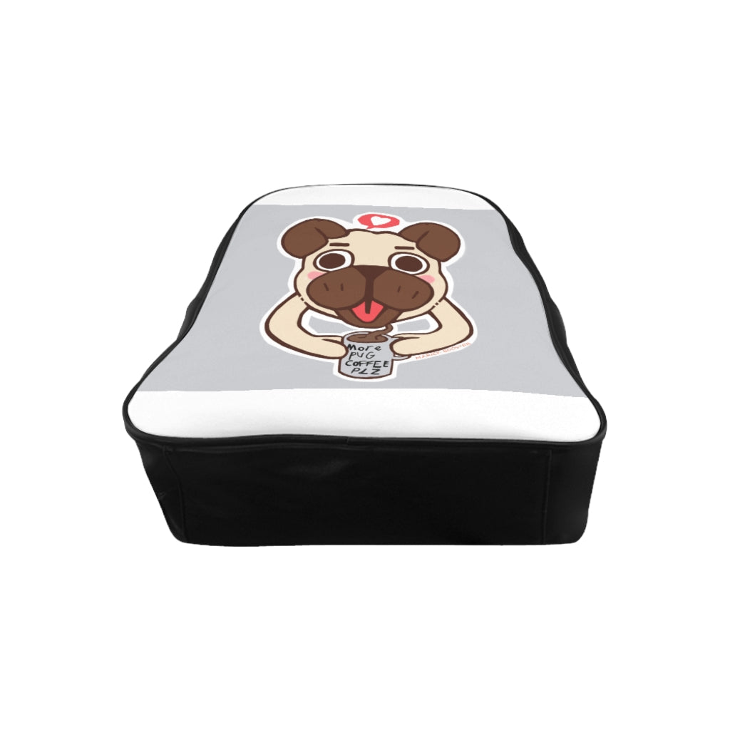 Pug Coffee School Backpack featuring a unique pug coffee print, padded back, and multiple inside pockets, made from durable PU leather.