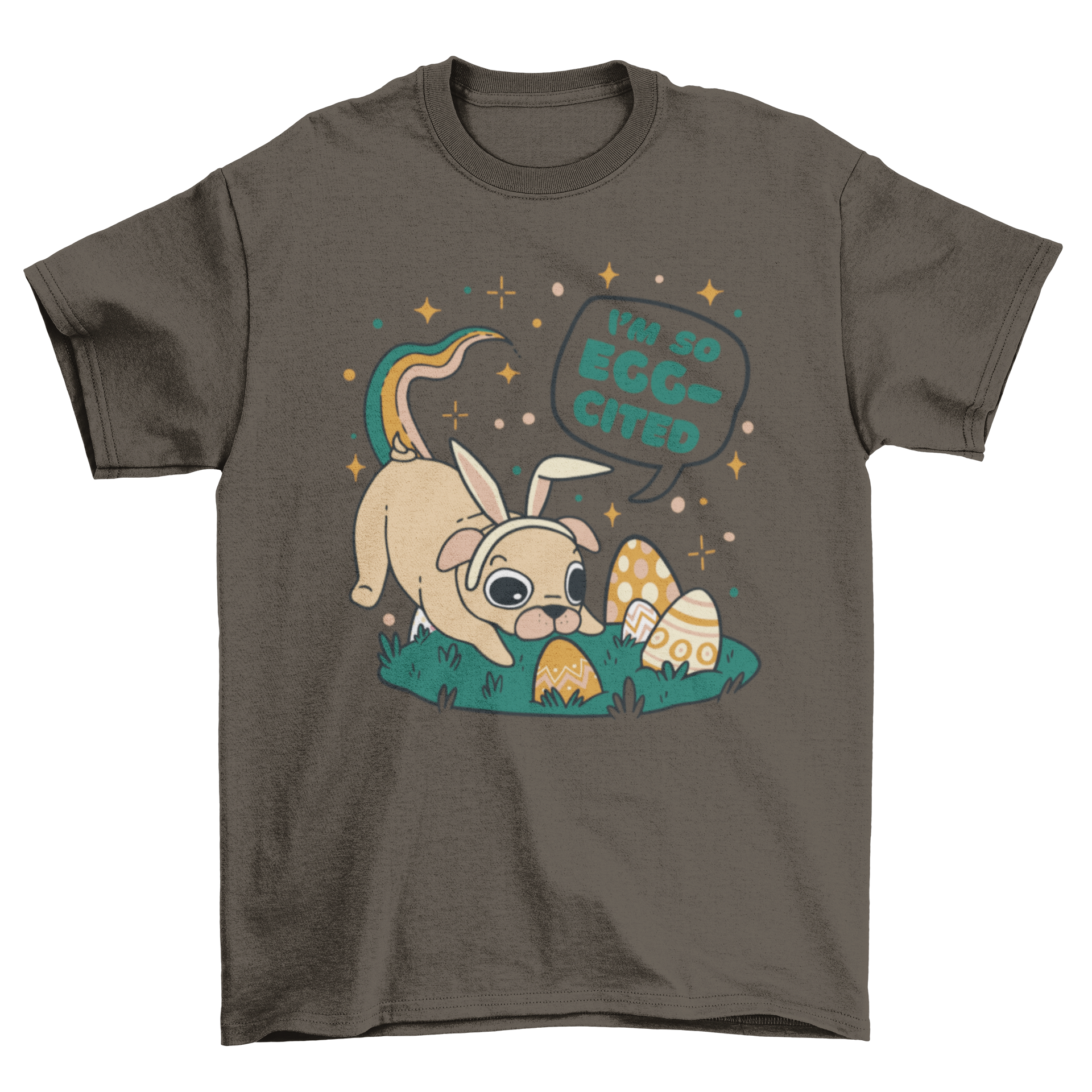 A playful t-shirt featuring a pug dog with bunny ears and colorful Easter eggs, along with the quote 'I'm so eggcited'.