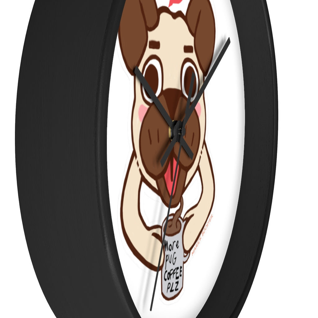 A charming Pug Wall Clock featuring a wooden frame and plexiglass face, perfect for dog lovers.