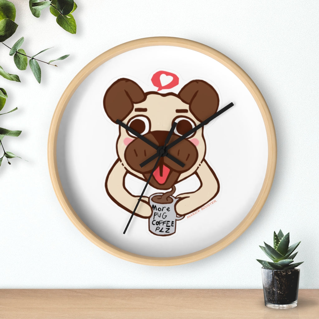 A charming Pug Wall Clock featuring a wooden frame and plexiglass face, perfect for dog lovers.
