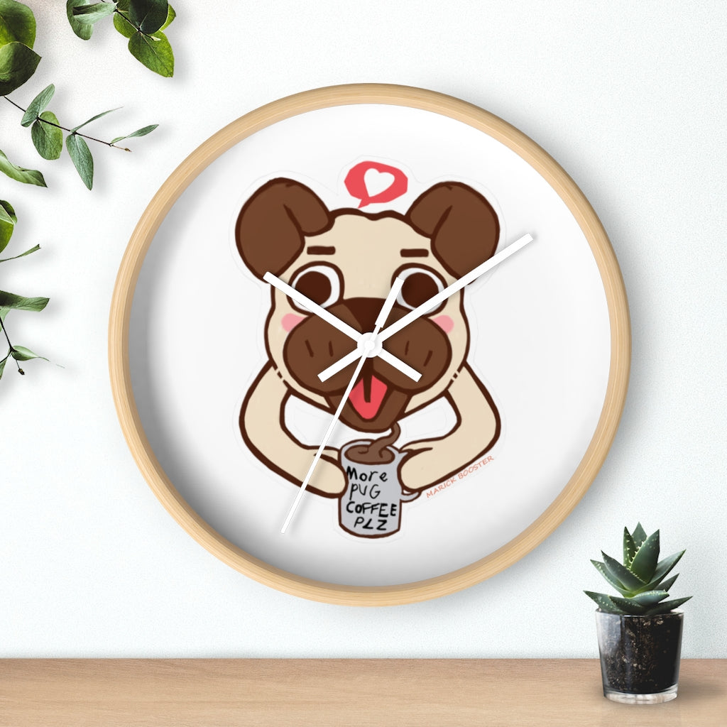 A charming Pug Wall Clock featuring a wooden frame and plexiglass face, perfect for dog lovers.