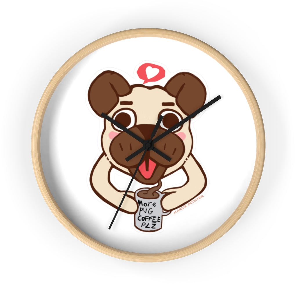 A charming Pug Wall Clock featuring a wooden frame and plexiglass face, perfect for dog lovers.