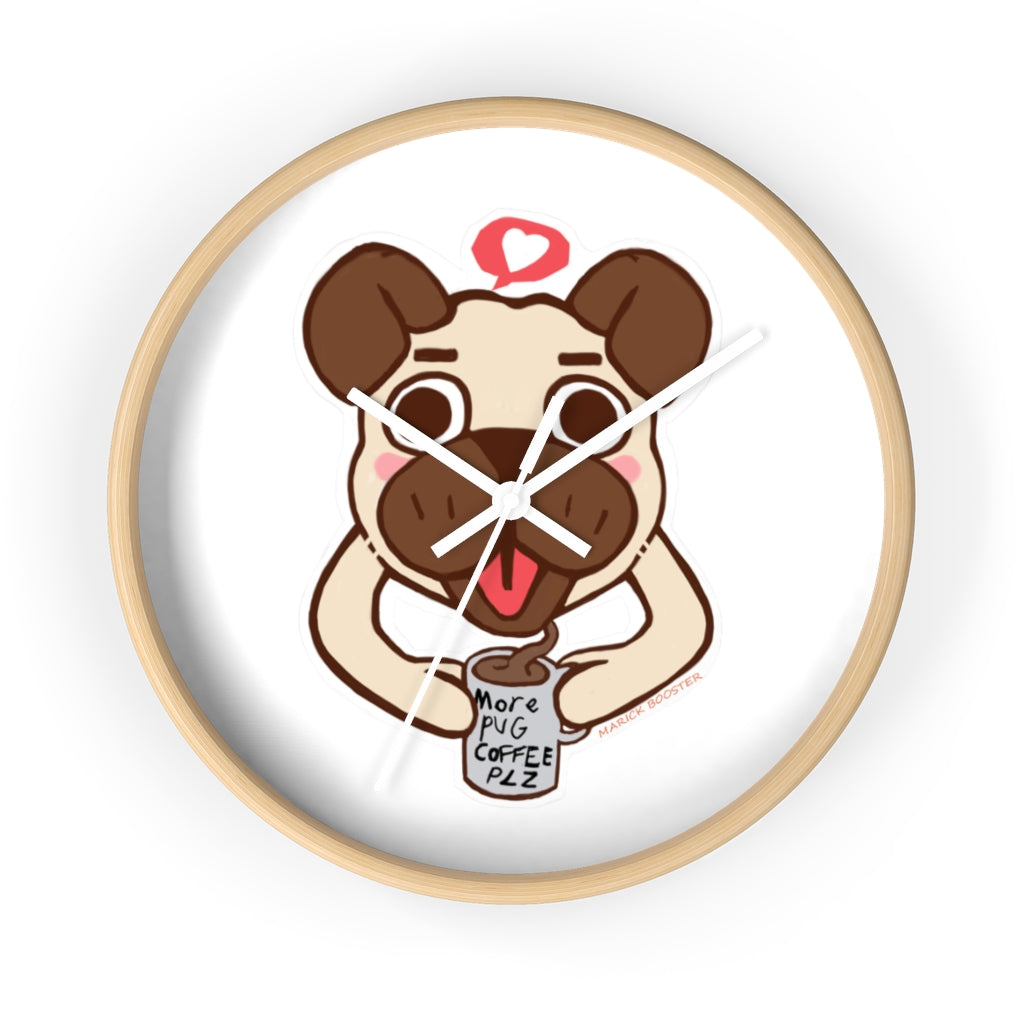 A charming Pug Wall Clock featuring a wooden frame and plexiglass face, perfect for dog lovers.
