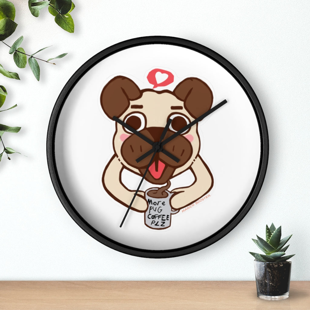 A charming Pug Wall Clock featuring a wooden frame and plexiglass face, perfect for dog lovers.
