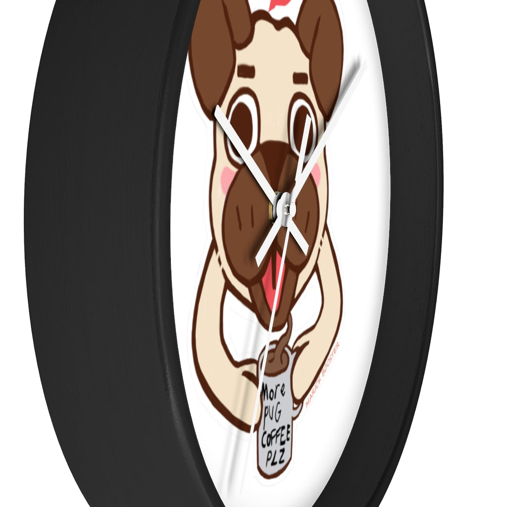 A charming Pug Wall Clock featuring a wooden frame and plexiglass face, perfect for dog lovers.