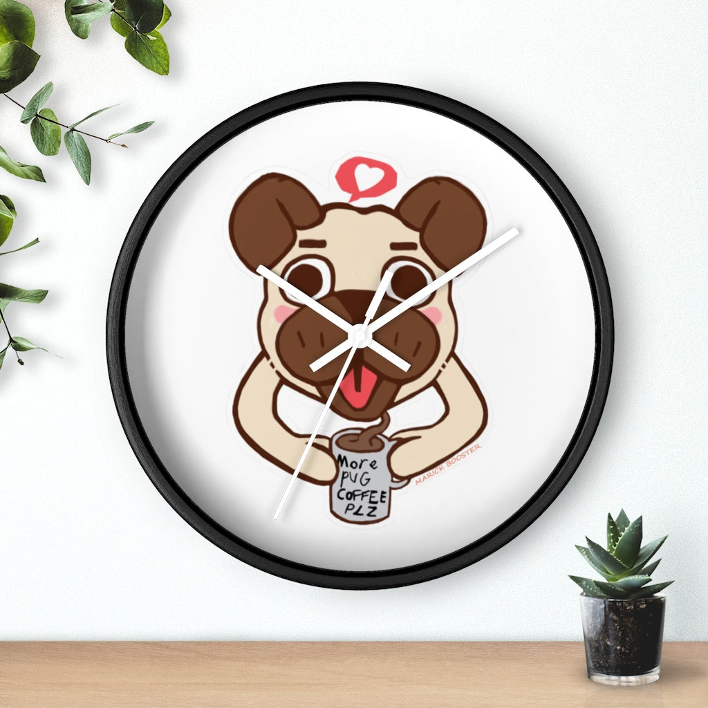 A charming Pug Wall Clock featuring a wooden frame and plexiglass face, perfect for dog lovers.