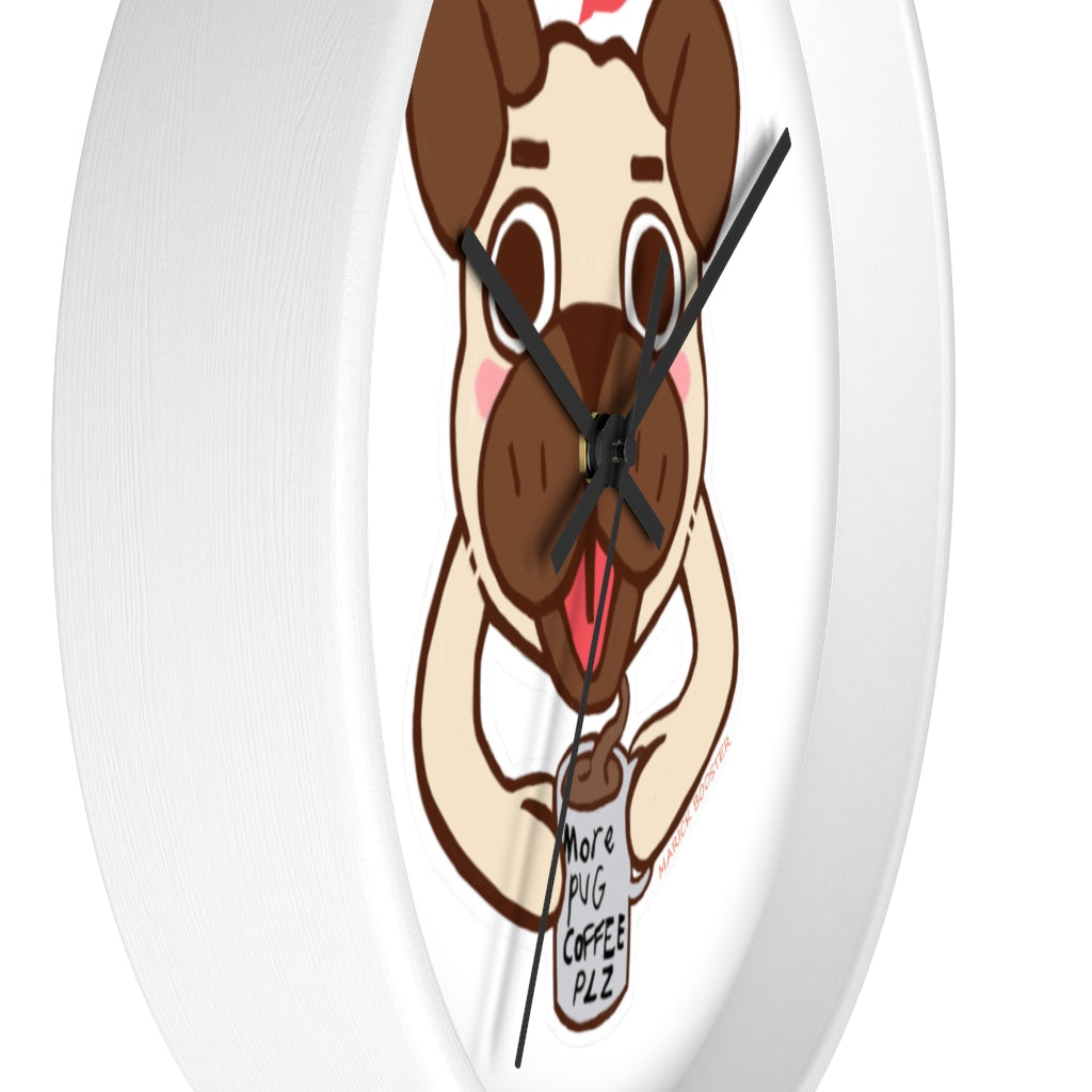 A charming Pug Wall Clock featuring a wooden frame and plexiglass face, perfect for dog lovers.