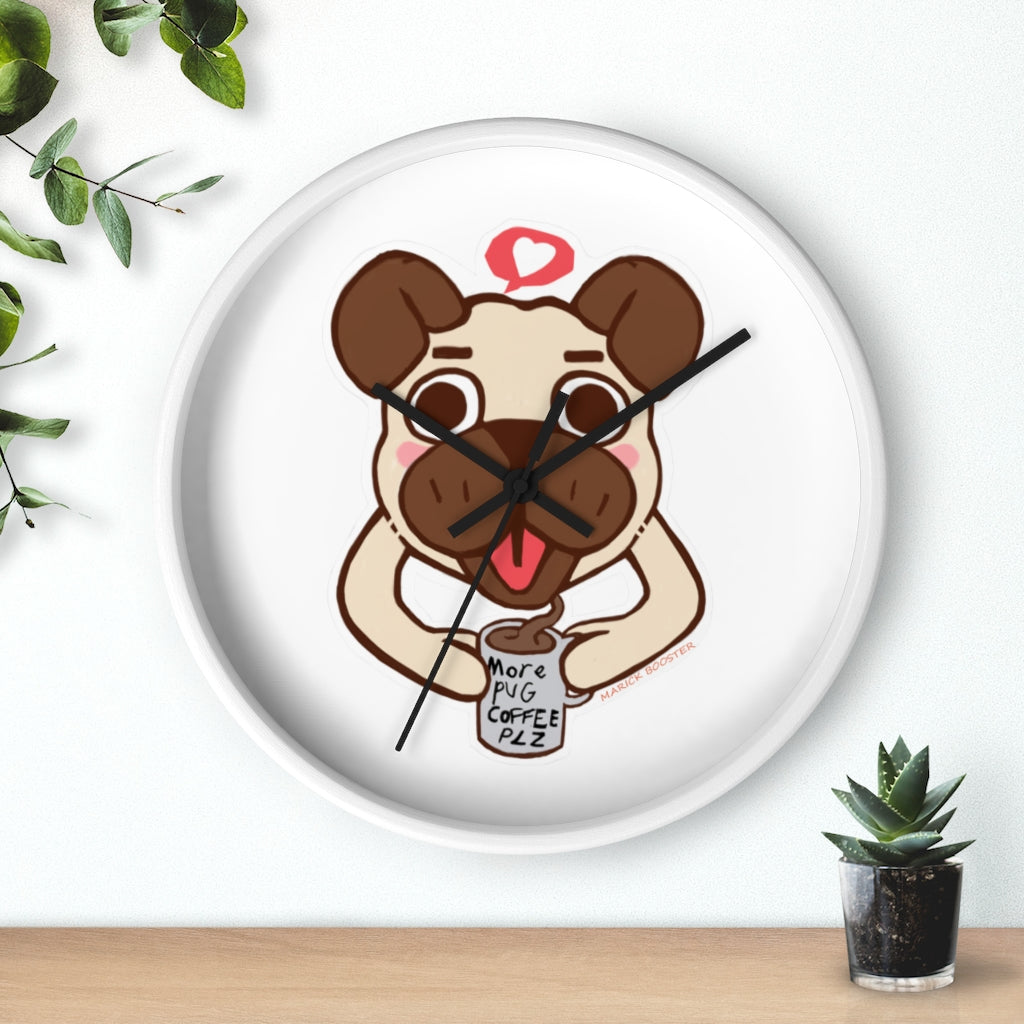 A charming Pug Wall Clock featuring a wooden frame and plexiglass face, perfect for dog lovers.