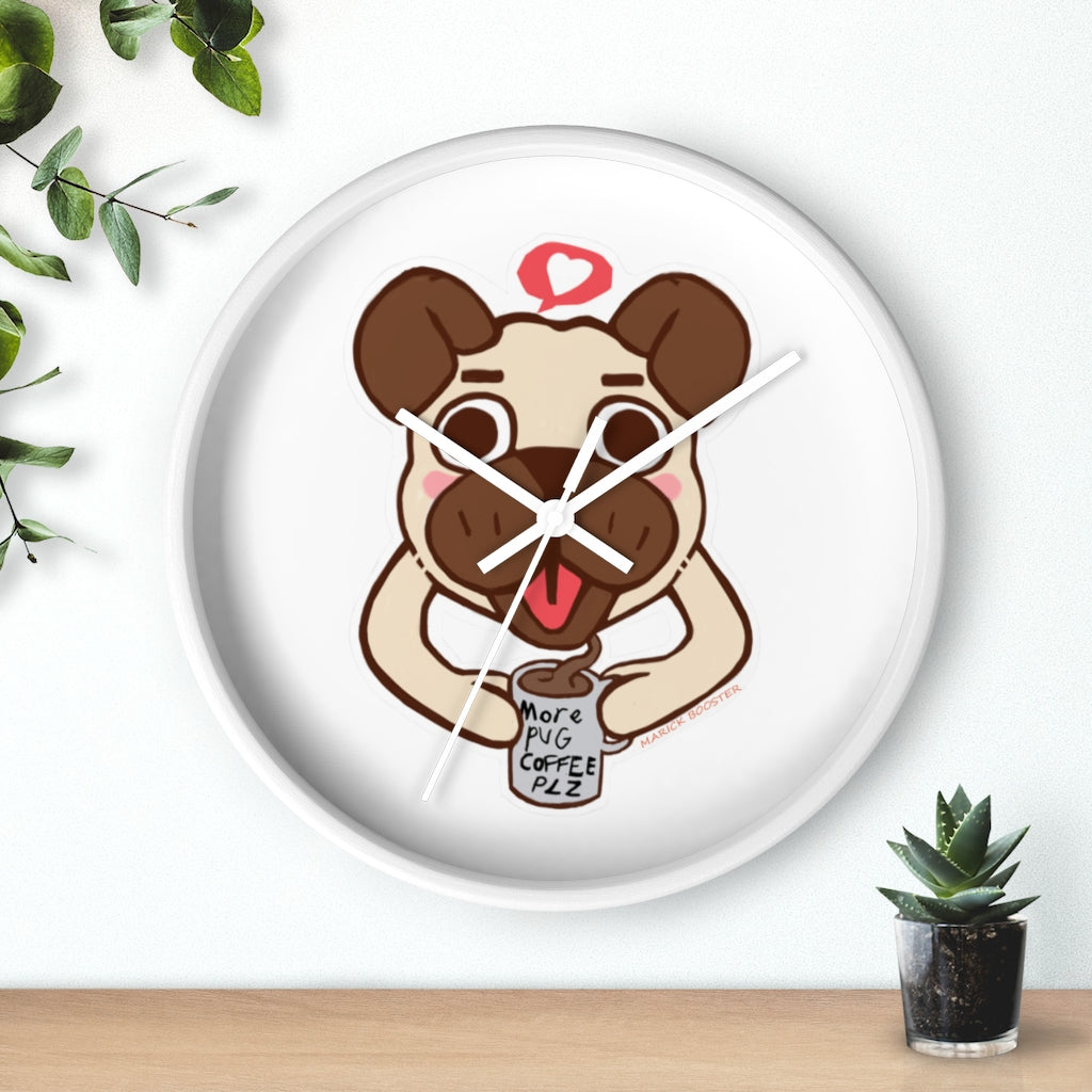 A charming Pug Wall Clock featuring a wooden frame and plexiglass face, perfect for dog lovers.