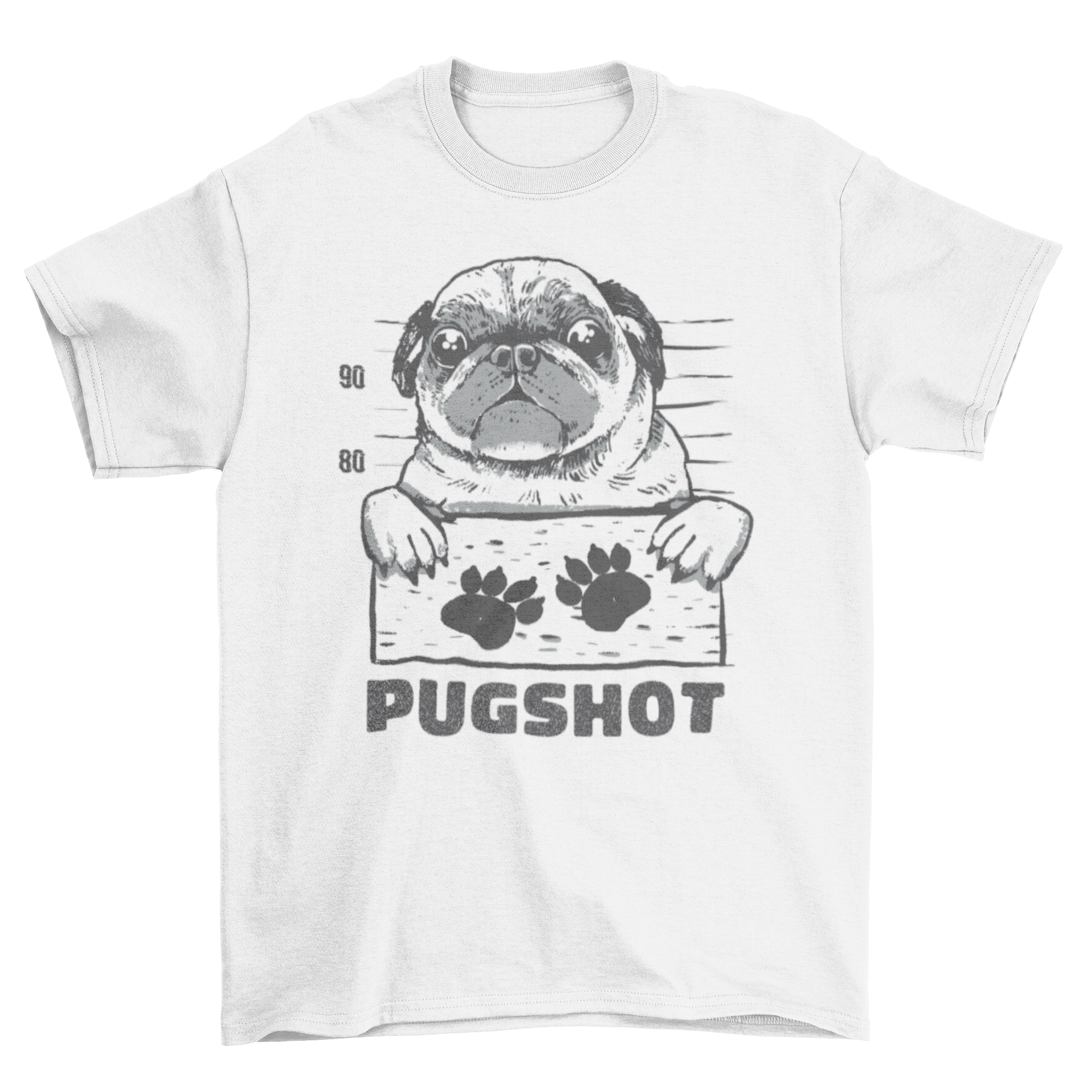 A humorous Pugshot t-shirt featuring a pug in a mugshot pose, holding a sign with paw prints.