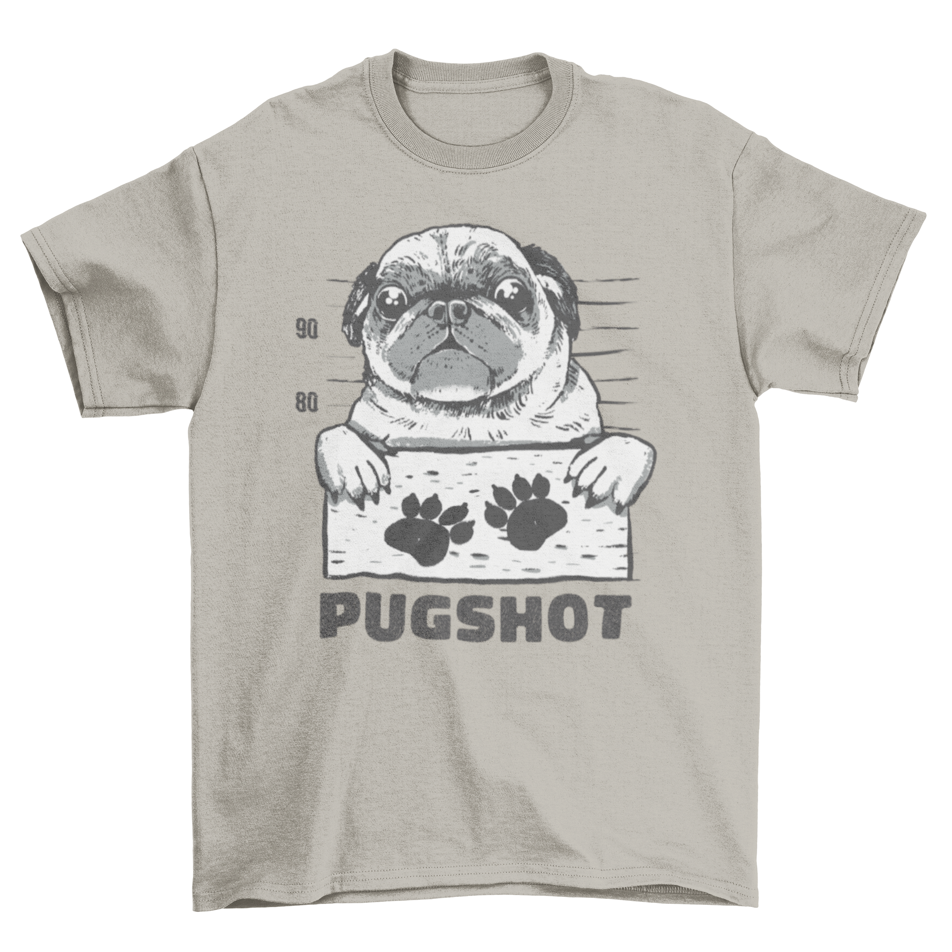 A humorous Pugshot t-shirt featuring a pug in a mugshot pose, holding a sign with paw prints.