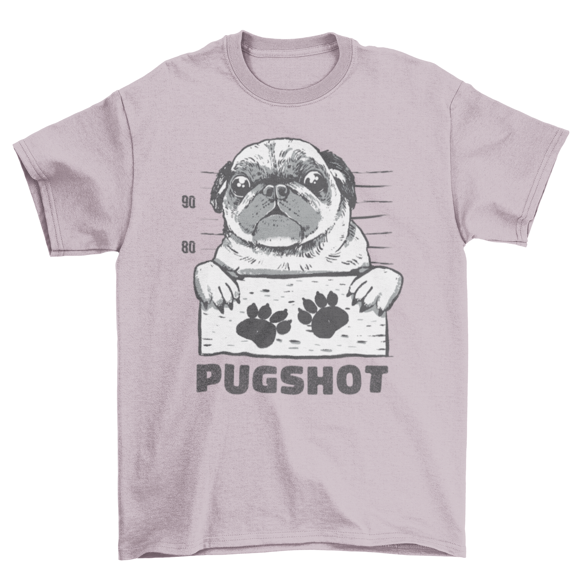 A humorous Pugshot t-shirt featuring a pug in a mugshot pose, holding a sign with paw prints.
