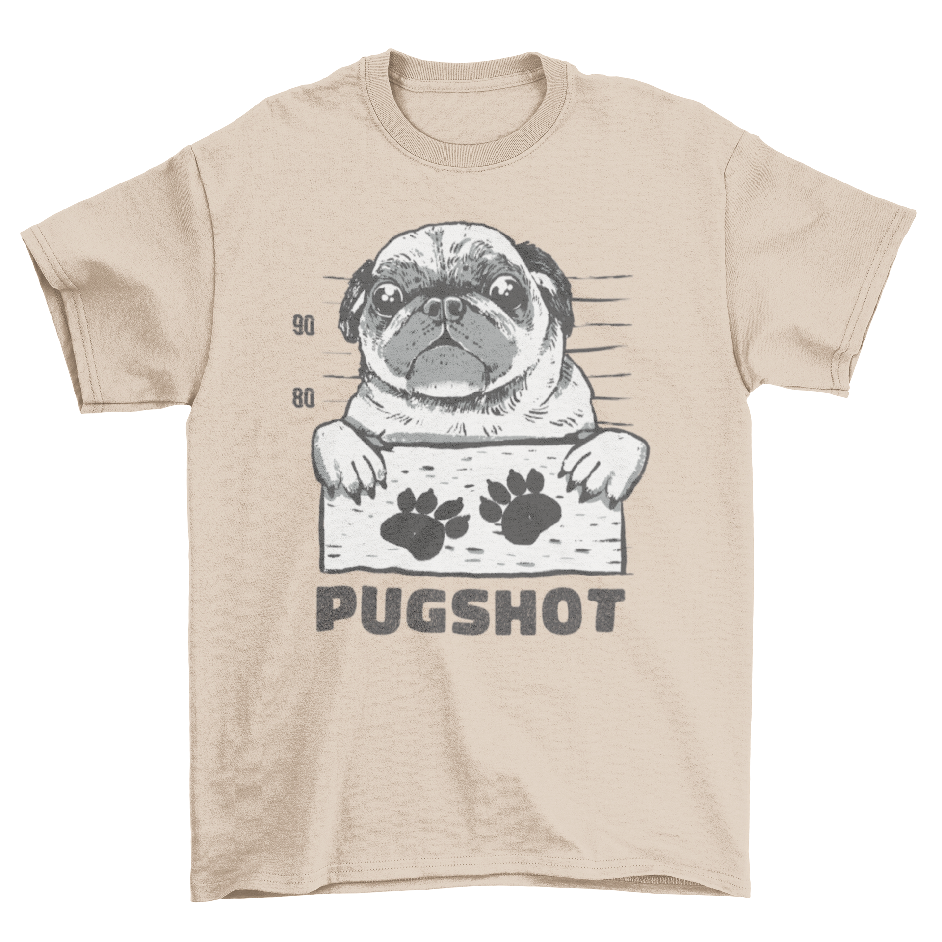 A humorous Pugshot t-shirt featuring a pug in a mugshot pose, holding a sign with paw prints.