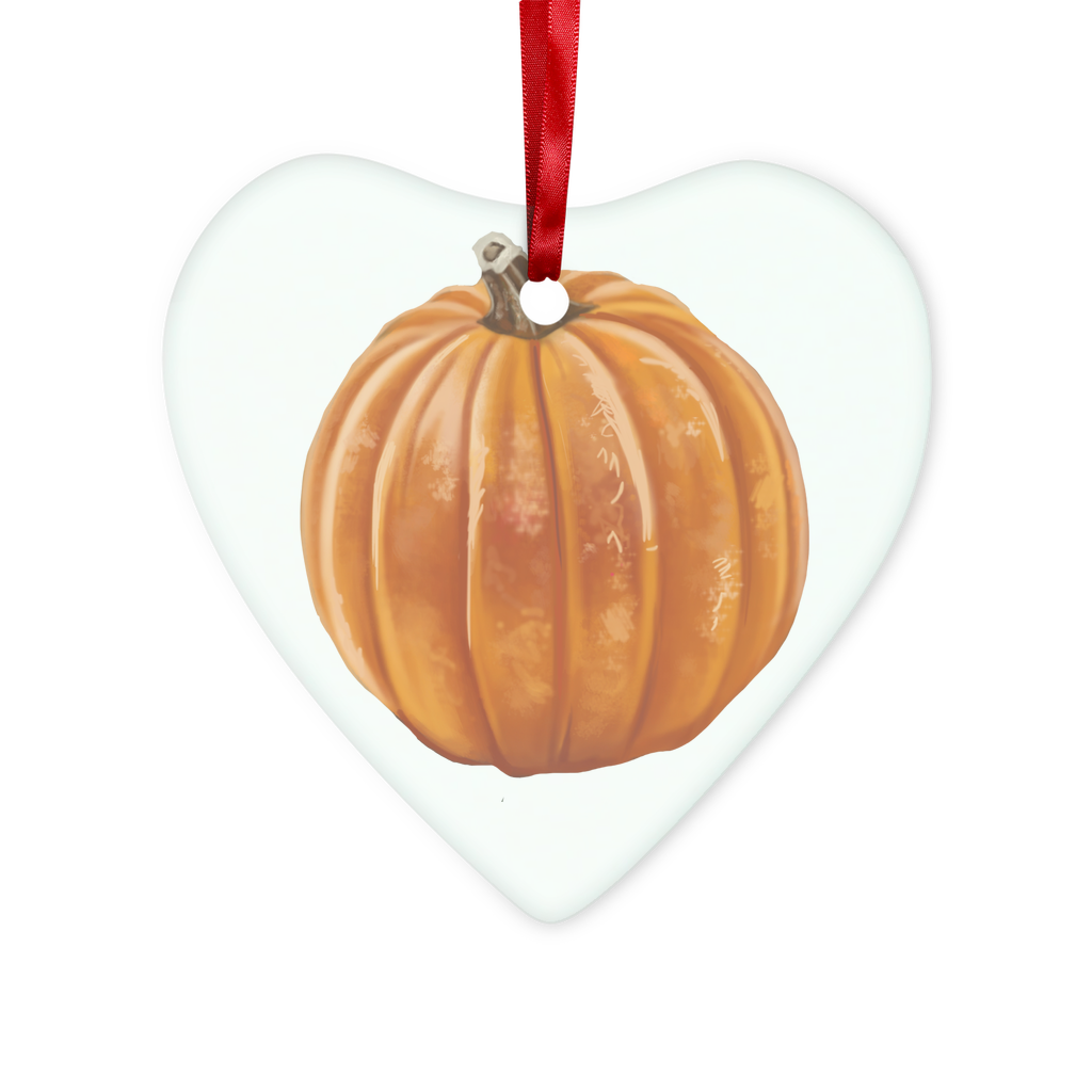 A beautifully crafted Pumpkin Glass Hanging Ornament in round and heart shapes, featuring a red ribbon and gold string for hanging.