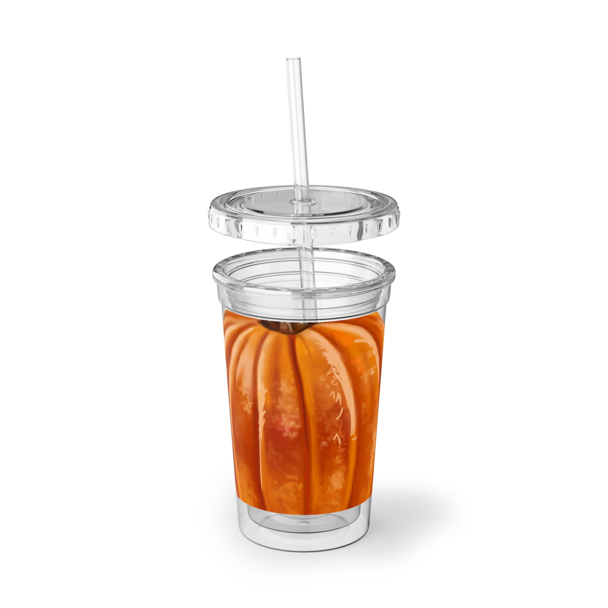 Pumpkin Suave Acrylic Cup with vibrant design, double-wall insulation, and included straw and lid.
