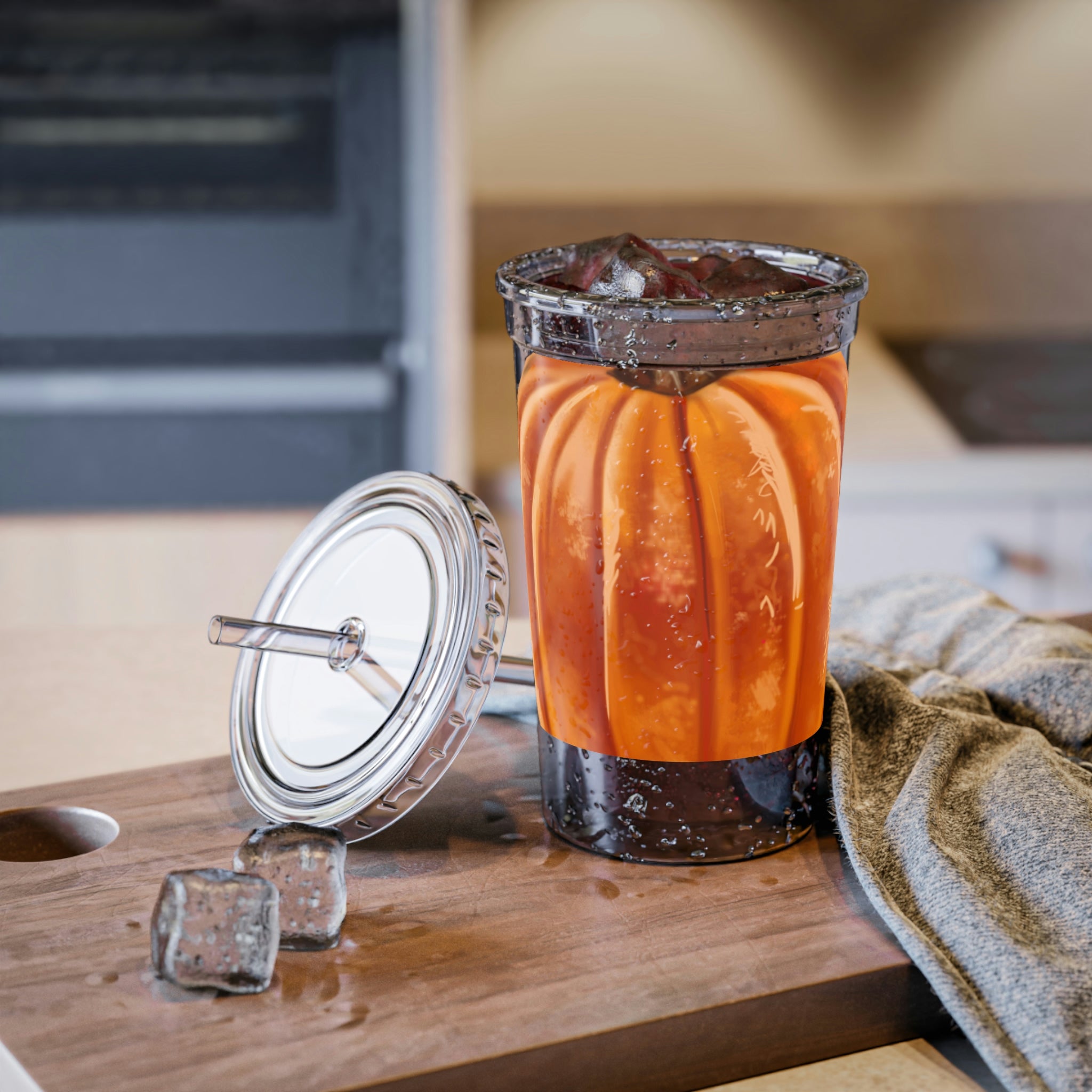 Pumpkin Suave Acrylic Cup with vibrant design, double-wall insulation, and included straw and lid.