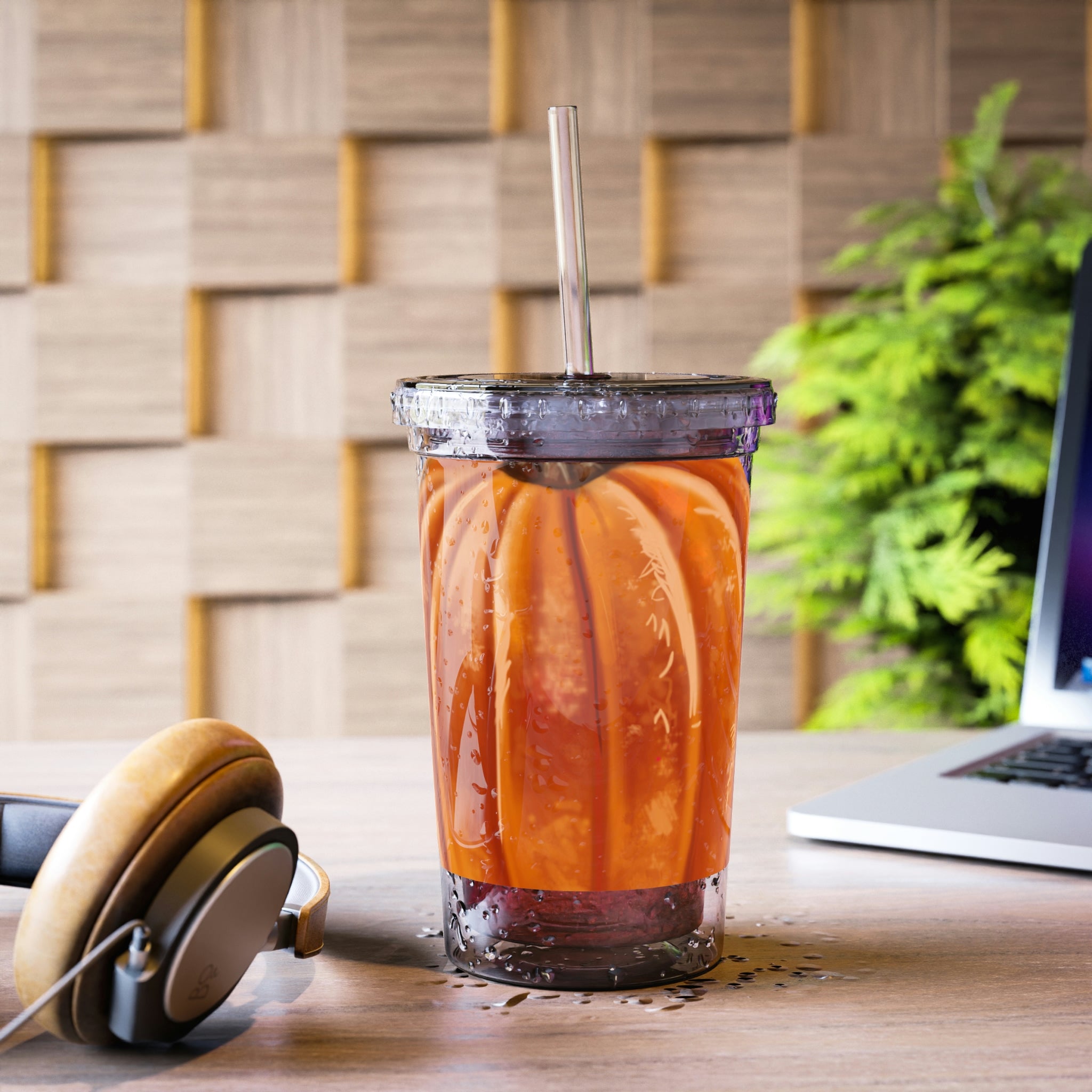 Pumpkin Suave Acrylic Cup with vibrant design, double-wall insulation, and included straw and lid.