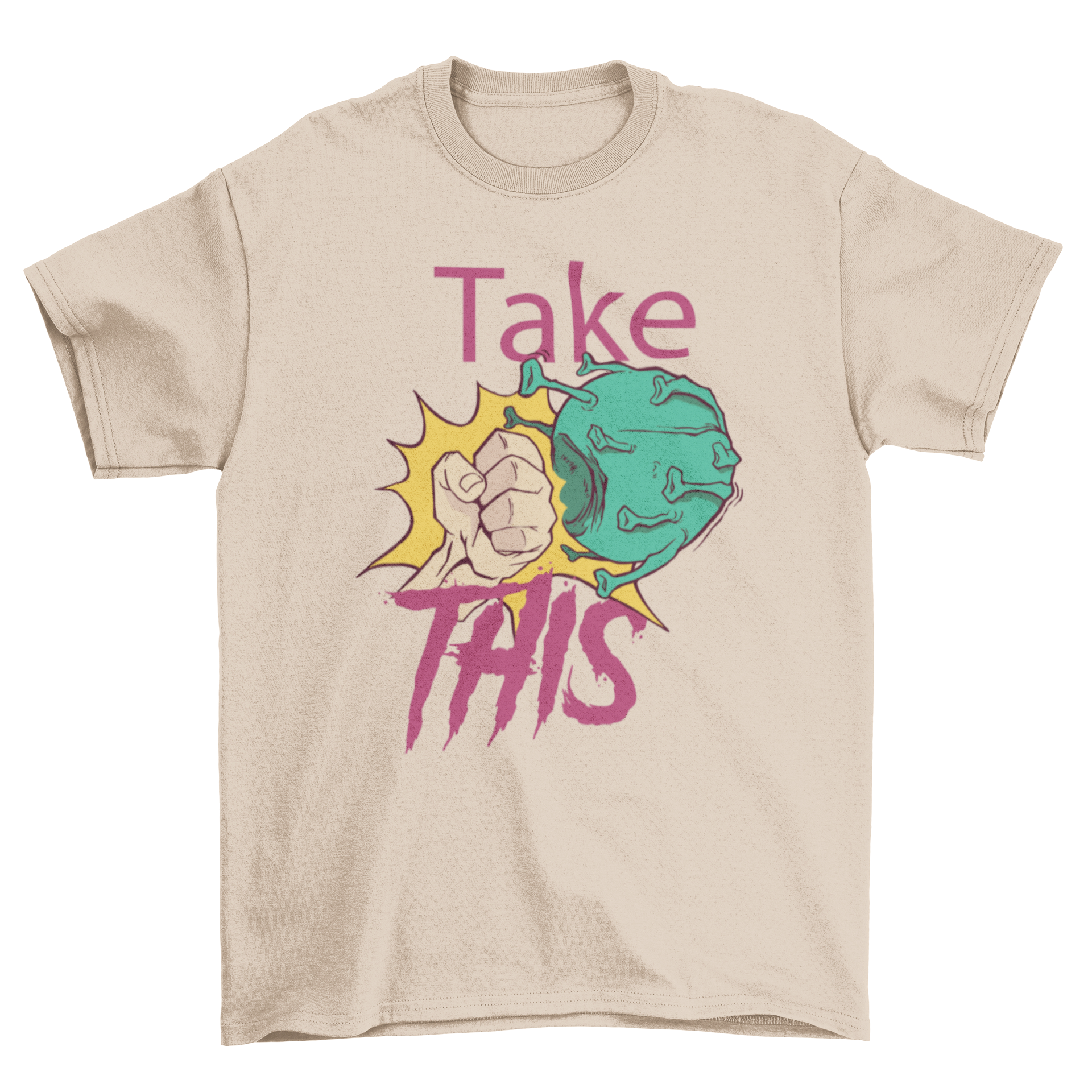 A humorous t-shirt featuring a hand punching a cartoon coronavirus with the caption 'Take this'.