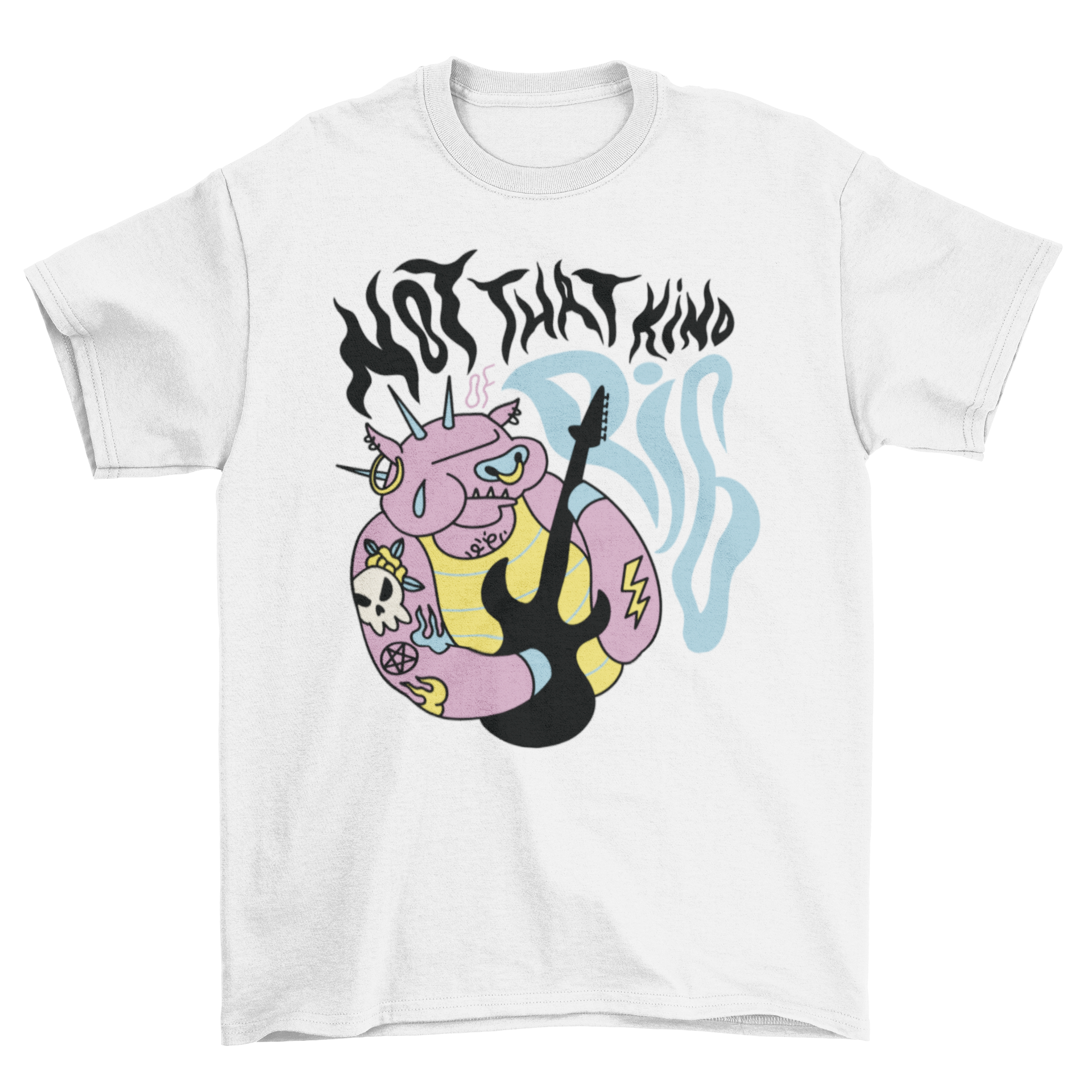 Punk pig t-shirt featuring a pig playing guitar with the quote 'Not that kind of pig'.