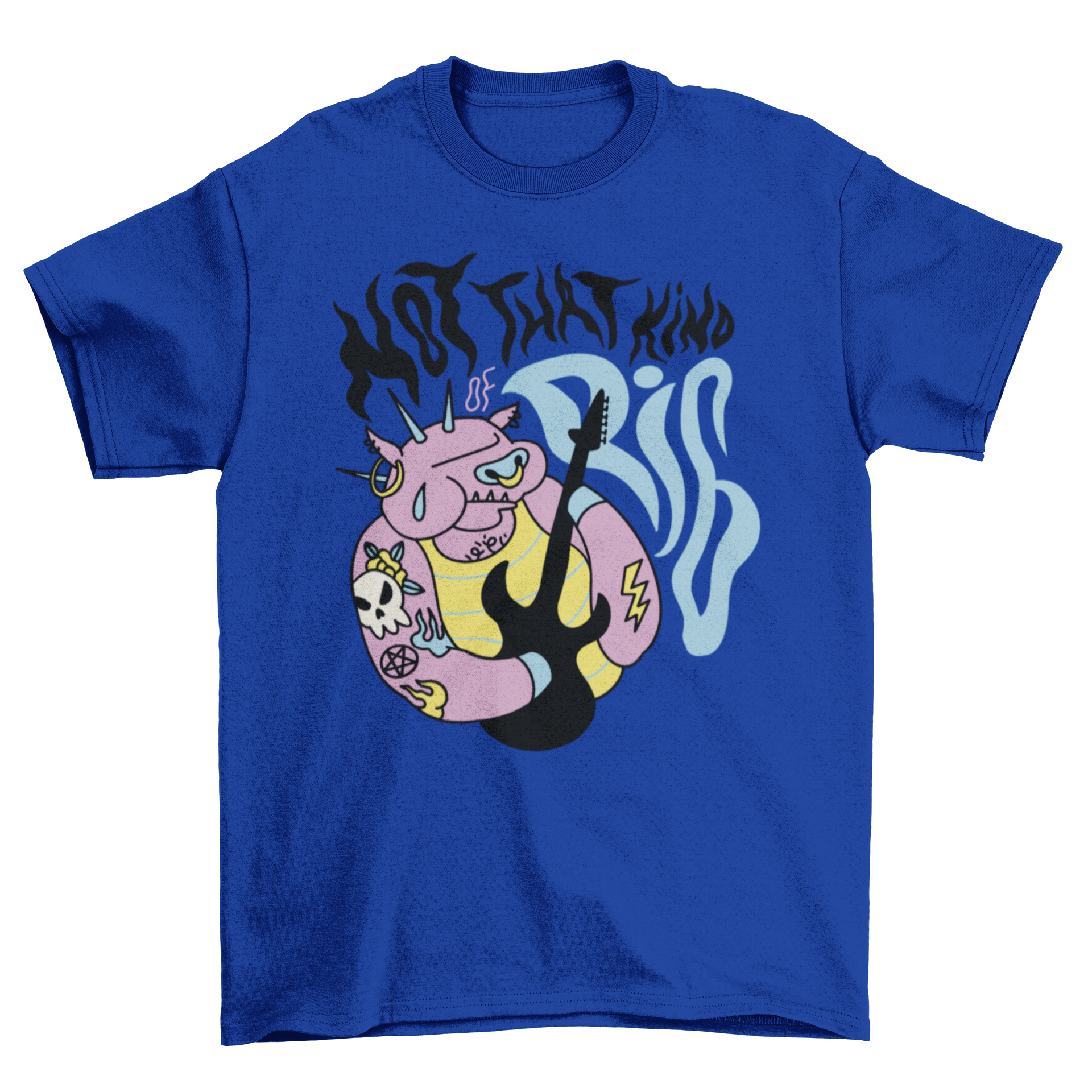 Punk pig t-shirt featuring a pig playing guitar with the quote 'Not that kind of pig'.