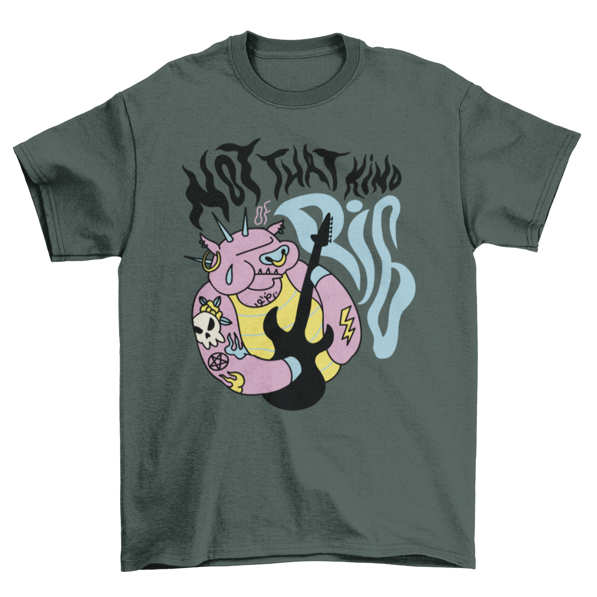 Punk pig t-shirt featuring a pig playing guitar with the quote 'Not that kind of pig'.